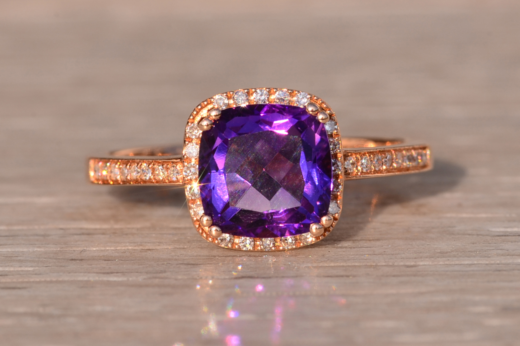 The 98th Avenue: Cushion Cut Amethyst and Natural Diamond Ring in Rose Gold - Image 2