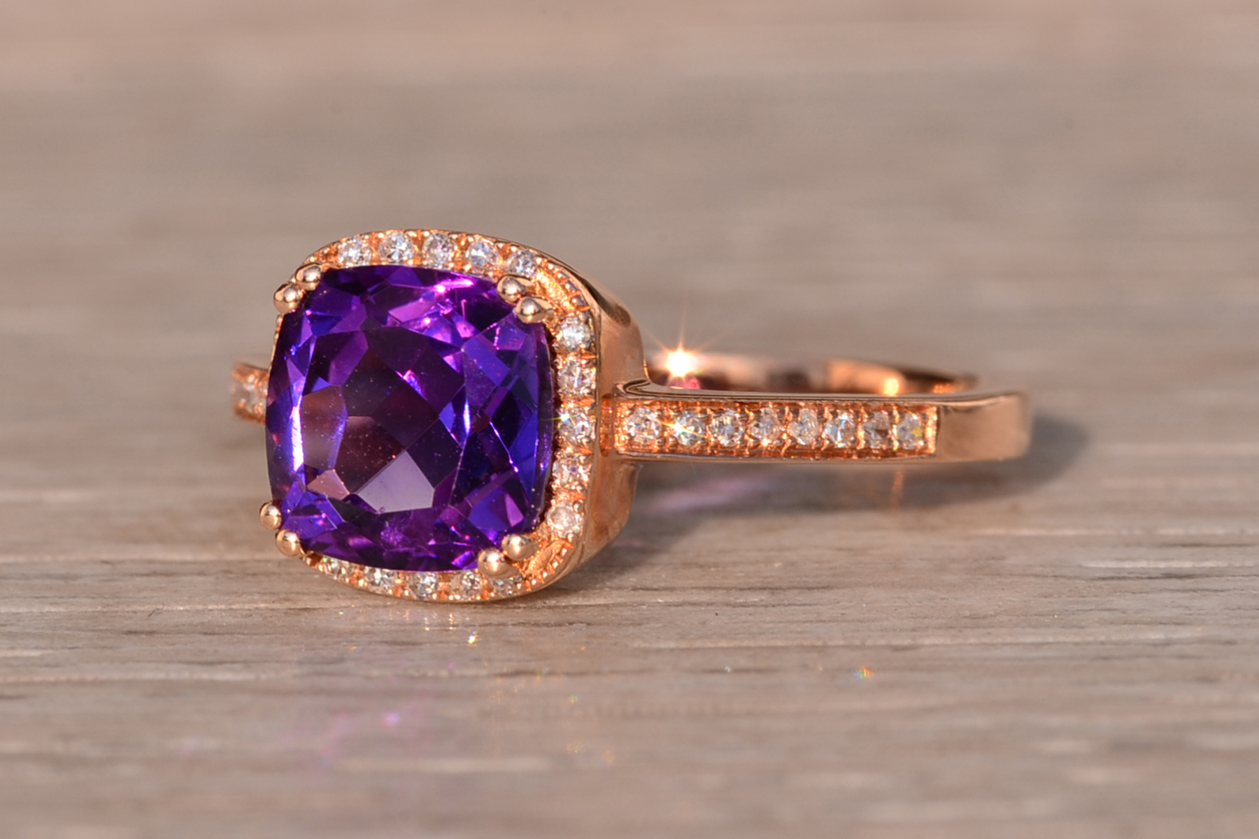 The 98th Avenue: Cushion Cut Amethyst and Natural Diamond Ring in Rose Gold - Image 3