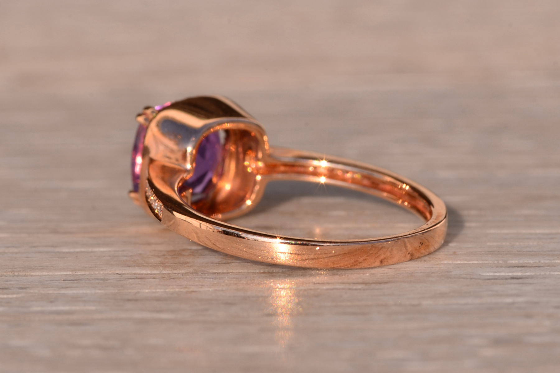 The 98th Avenue: Cushion Cut Amethyst and Natural Diamond Ring in Rose Gold - Image 4