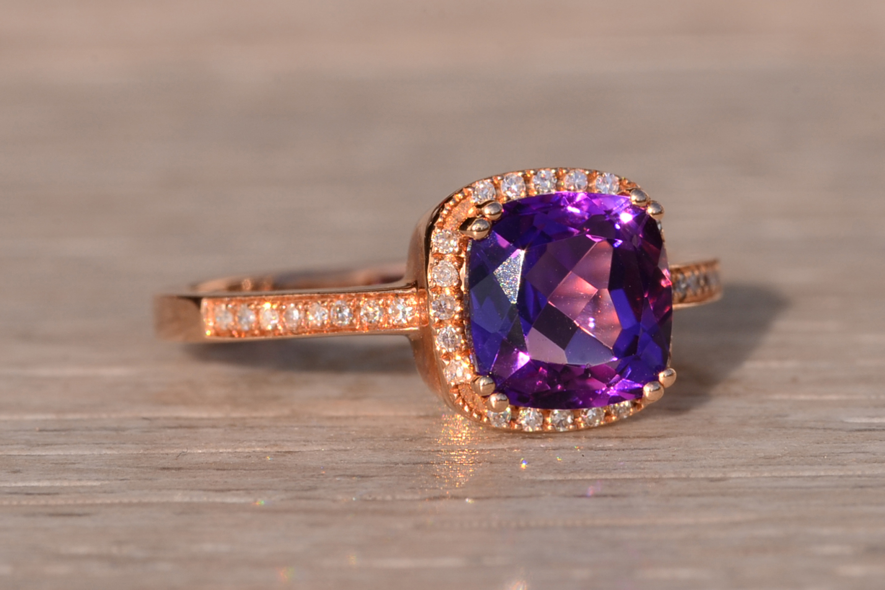 The 98th Avenue: Cushion Cut Amethyst and Natural Diamond Ring in Rose Gold - Image 6