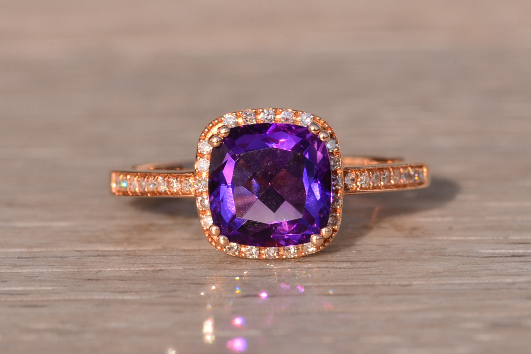 The 98th Avenue: Cushion Cut Amethyst and Natural Diamond Ring in Rose Gold - Image 7