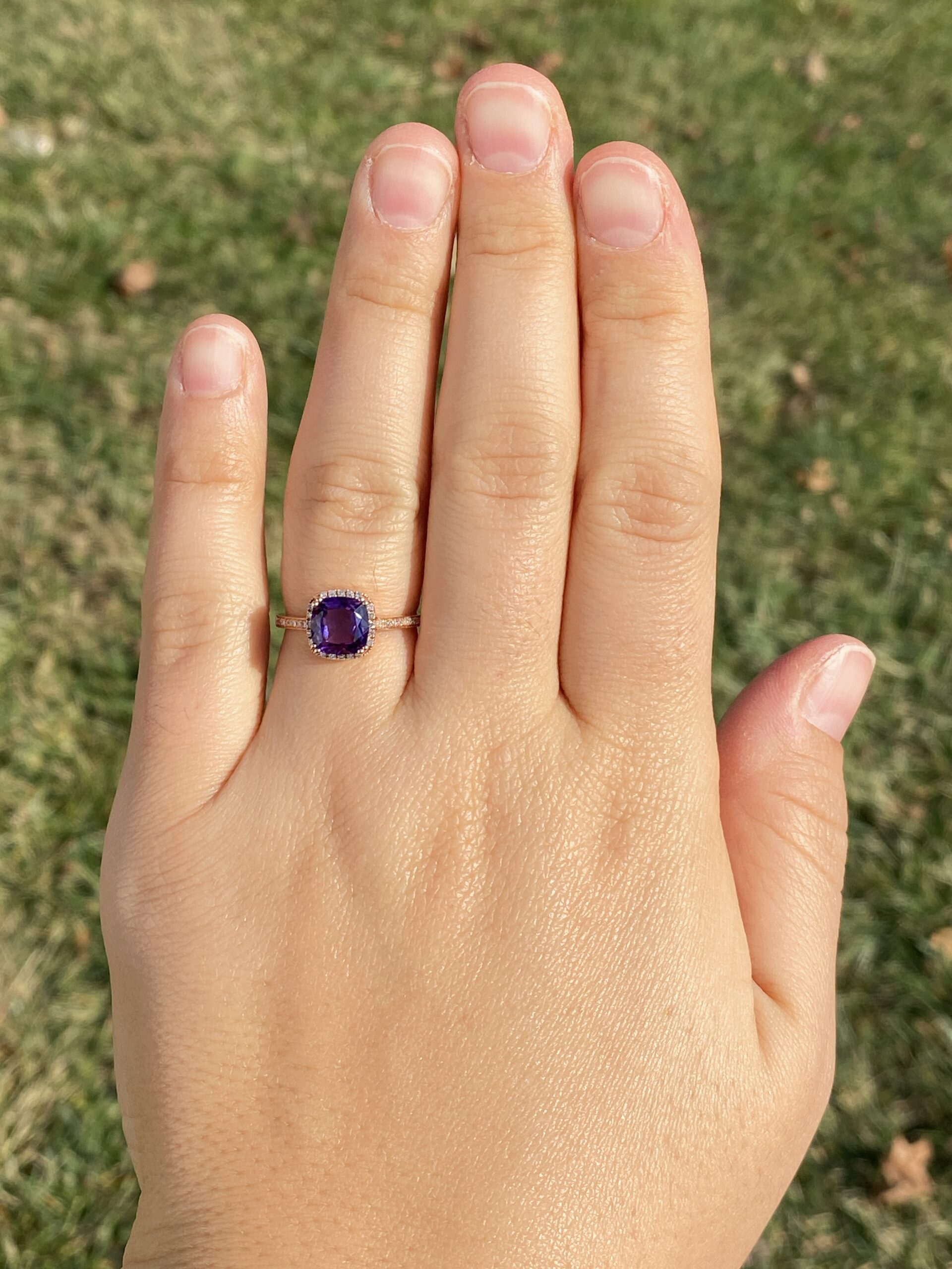 The 98th Avenue: Cushion Cut Amethyst and Natural Diamond Ring in Rose Gold - Image 8