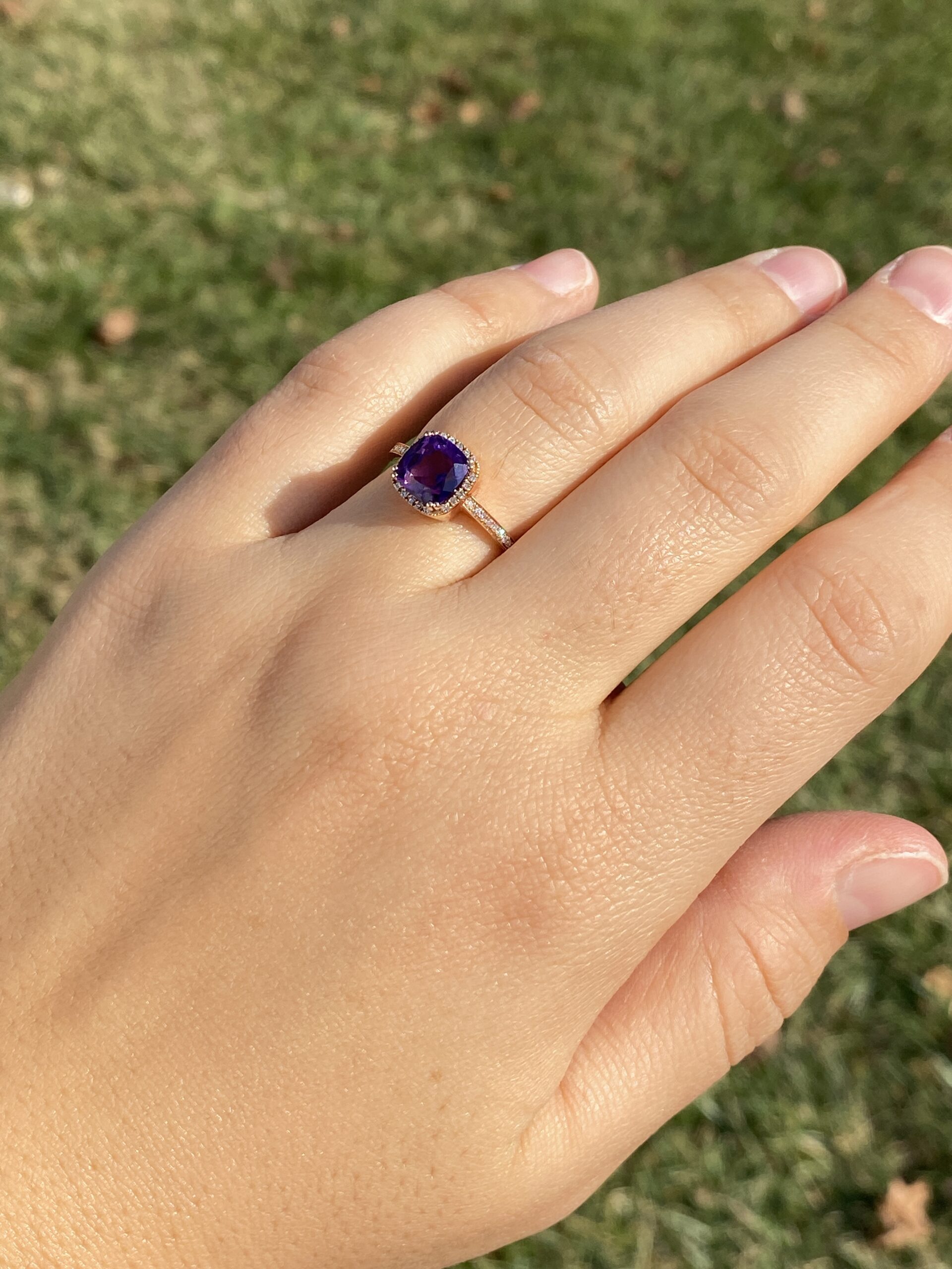 The 98th Avenue: Cushion Cut Amethyst and Natural Diamond Ring in Rose Gold - Image 9