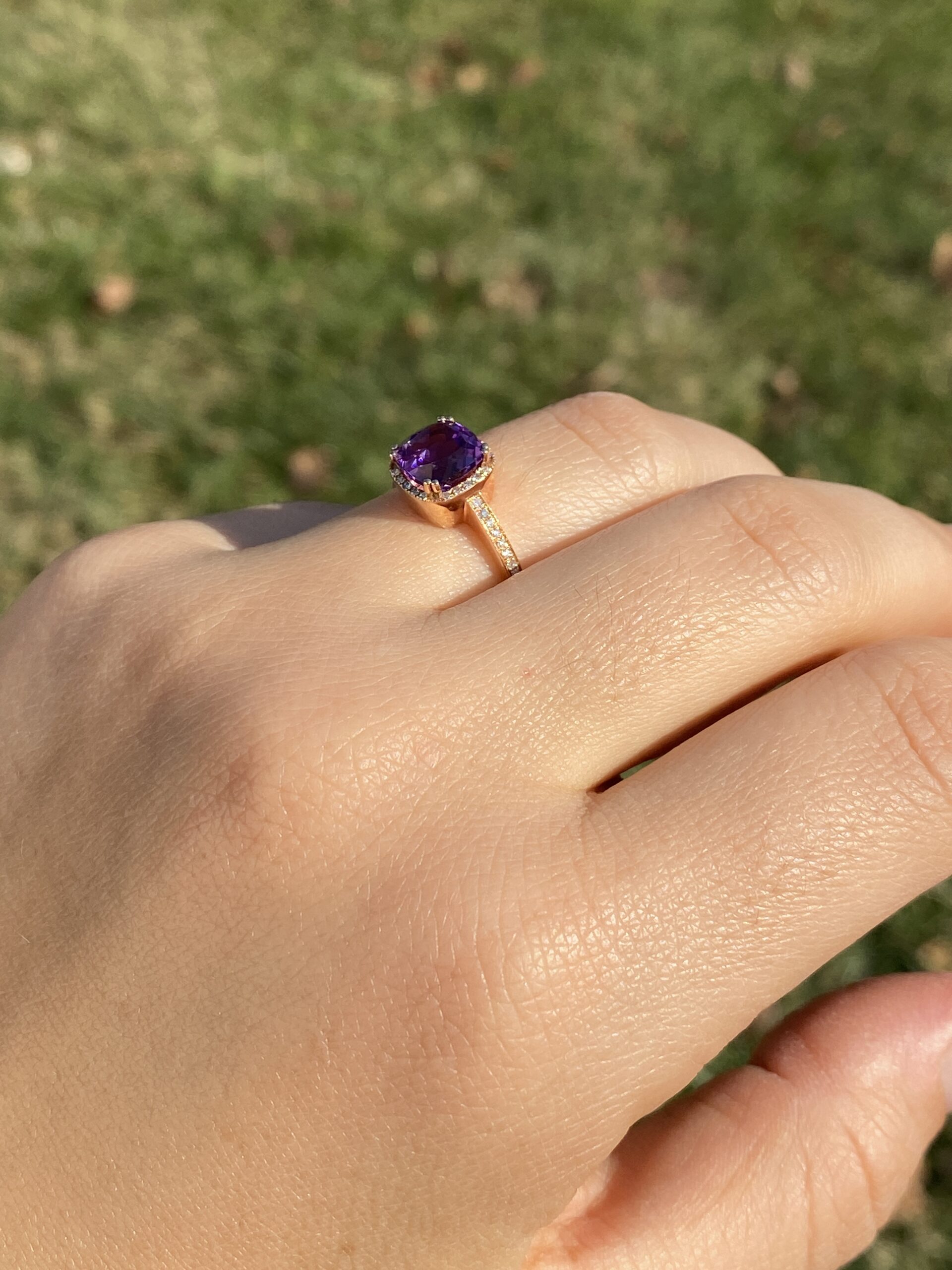 The 98th Avenue: Cushion Cut Amethyst and Natural Diamond Ring in Rose Gold - Image 10