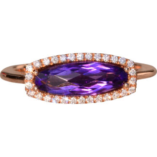 The 93rd Avenue: Contemporary Checkerboard Cut Elongated Amethyst and Natural Diamond Halo Ring in Rose Gold