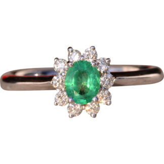 The 89th Avenue: Natural Emerald and Diamond Halo Ring in White Gold