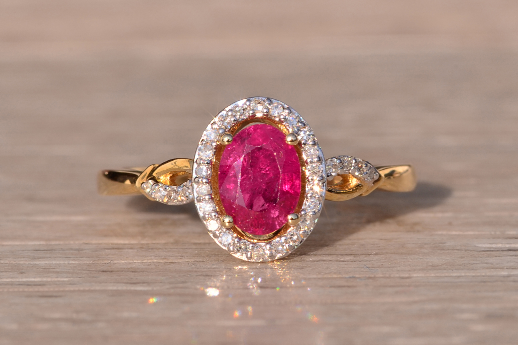 The 105th Avenue: Natural Ruby and Diamond Halo Ring in Yellow Gold - Image 2