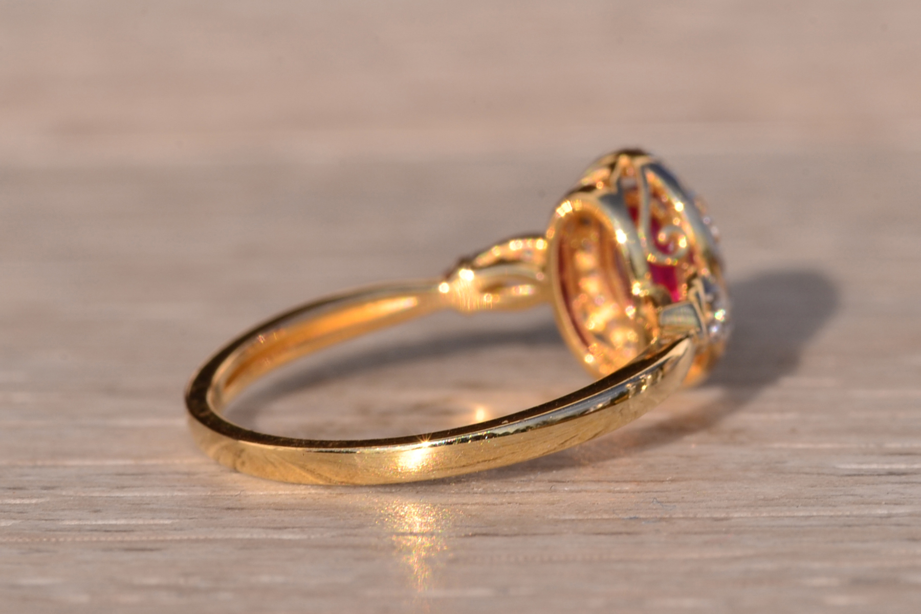 The 105th Avenue: Natural Ruby and Diamond Halo Ring in Yellow Gold - Image 5