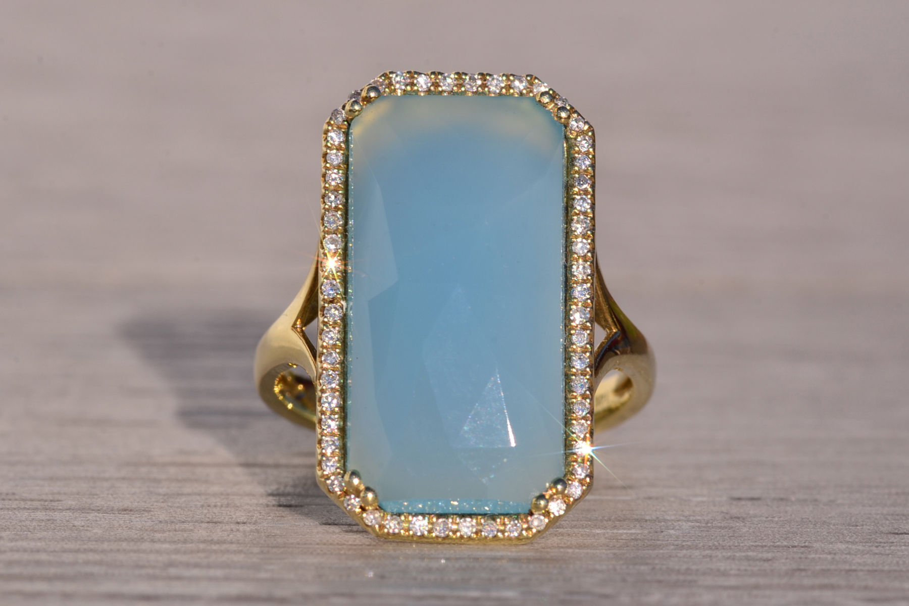The 145th Avenue: Checkerboard Cut Chalcedony Ring in Yellow Gold with Natural Diamond Halo - Image 2