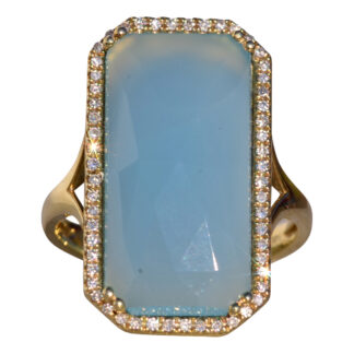 The 145th Avenue: Checkerboard Cut Chalcedony Ring in Yellow Gold with Natural Diamond Halo