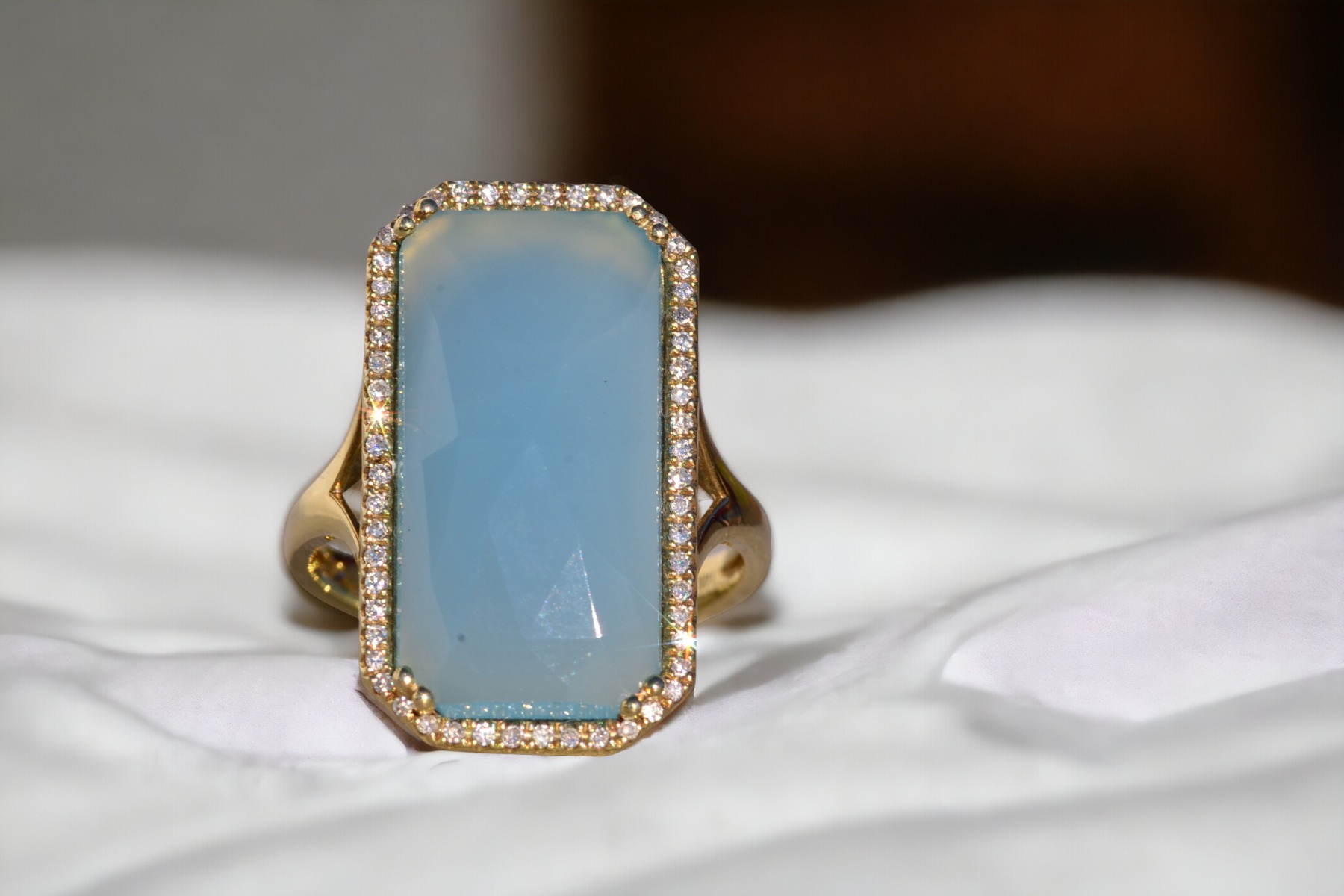 The 145th Avenue: Checkerboard Cut Chalcedony Ring in Yellow Gold with Natural Diamond Halo - Image 11