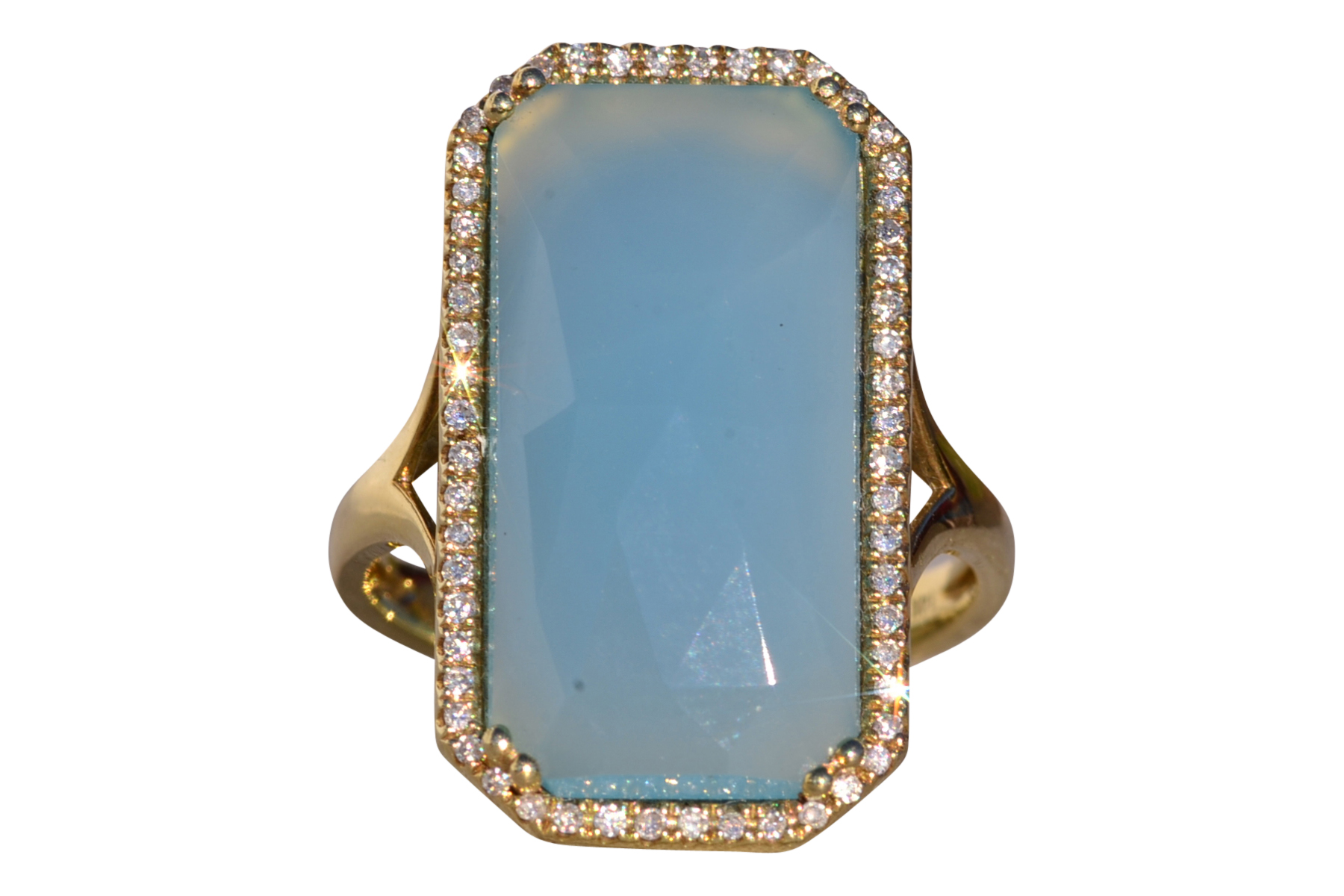 The 145th Avenue: Checkerboard Cut Chalcedony Ring in Yellow Gold with Natural Diamond Halo