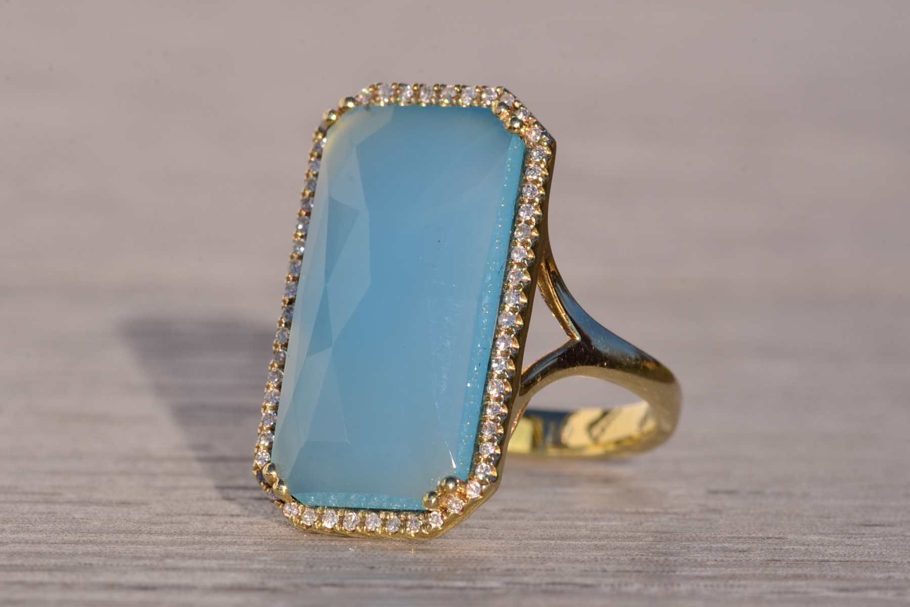 The 145th Avenue: Checkerboard Cut Chalcedony Ring in Yellow Gold with Natural Diamond Halo - Image 3