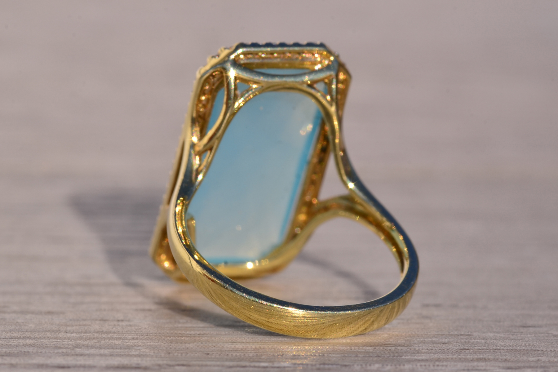 The 145th Avenue: Checkerboard Cut Chalcedony Ring in Yellow Gold with Natural Diamond Halo - Image 4