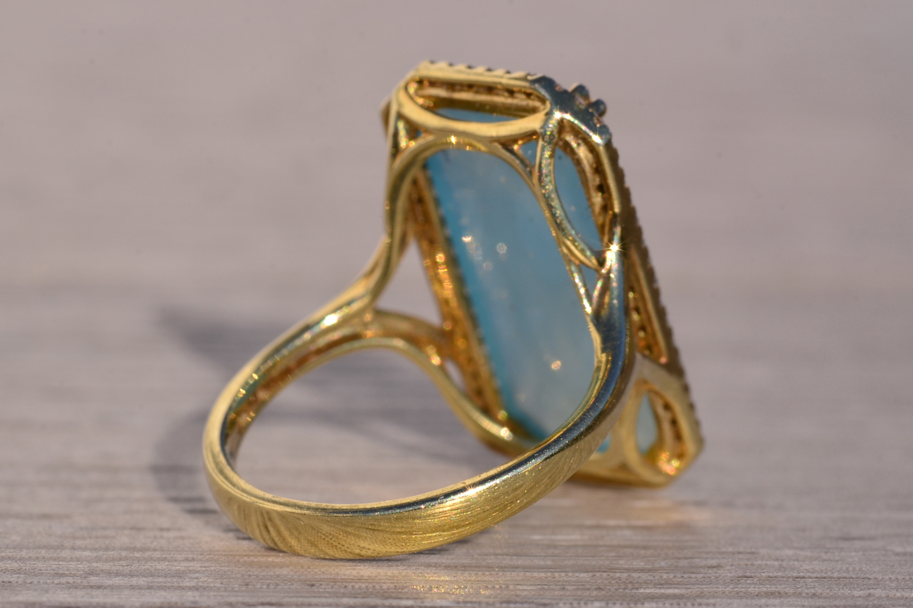 The 145th Avenue: Checkerboard Cut Chalcedony Ring in Yellow Gold with Natural Diamond Halo - Image 5