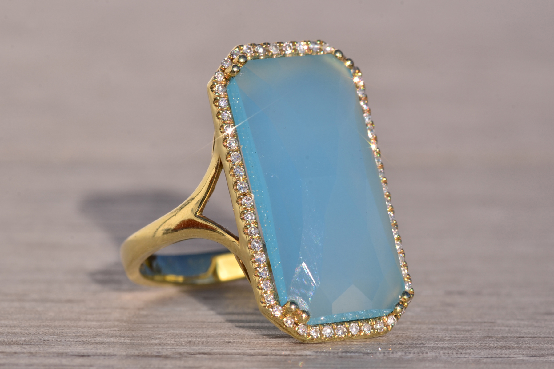 The 145th Avenue: Checkerboard Cut Chalcedony Ring in Yellow Gold with Natural Diamond Halo - Image 6