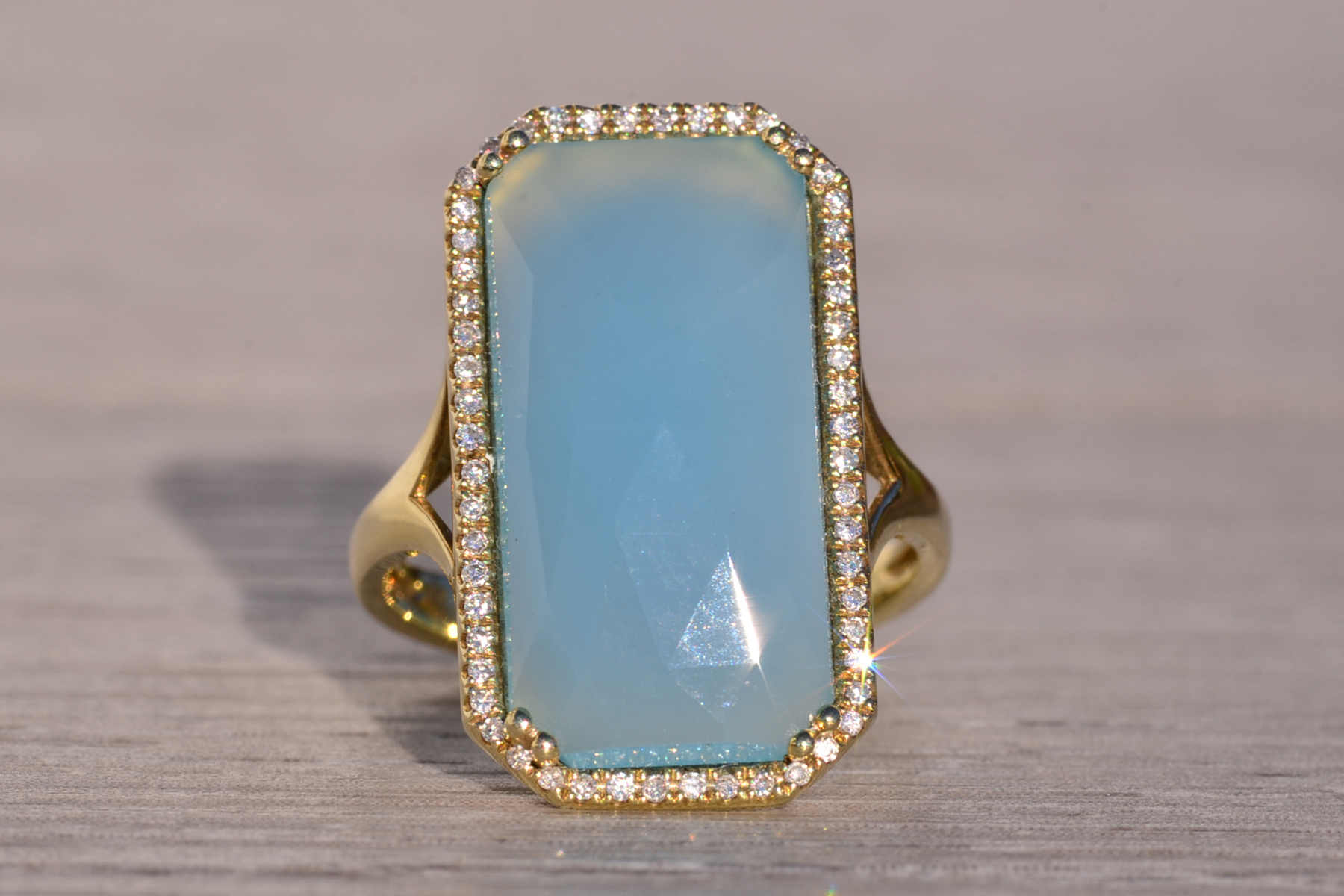 The 145th Avenue: Checkerboard Cut Chalcedony Ring in Yellow Gold with Natural Diamond Halo - Image 7