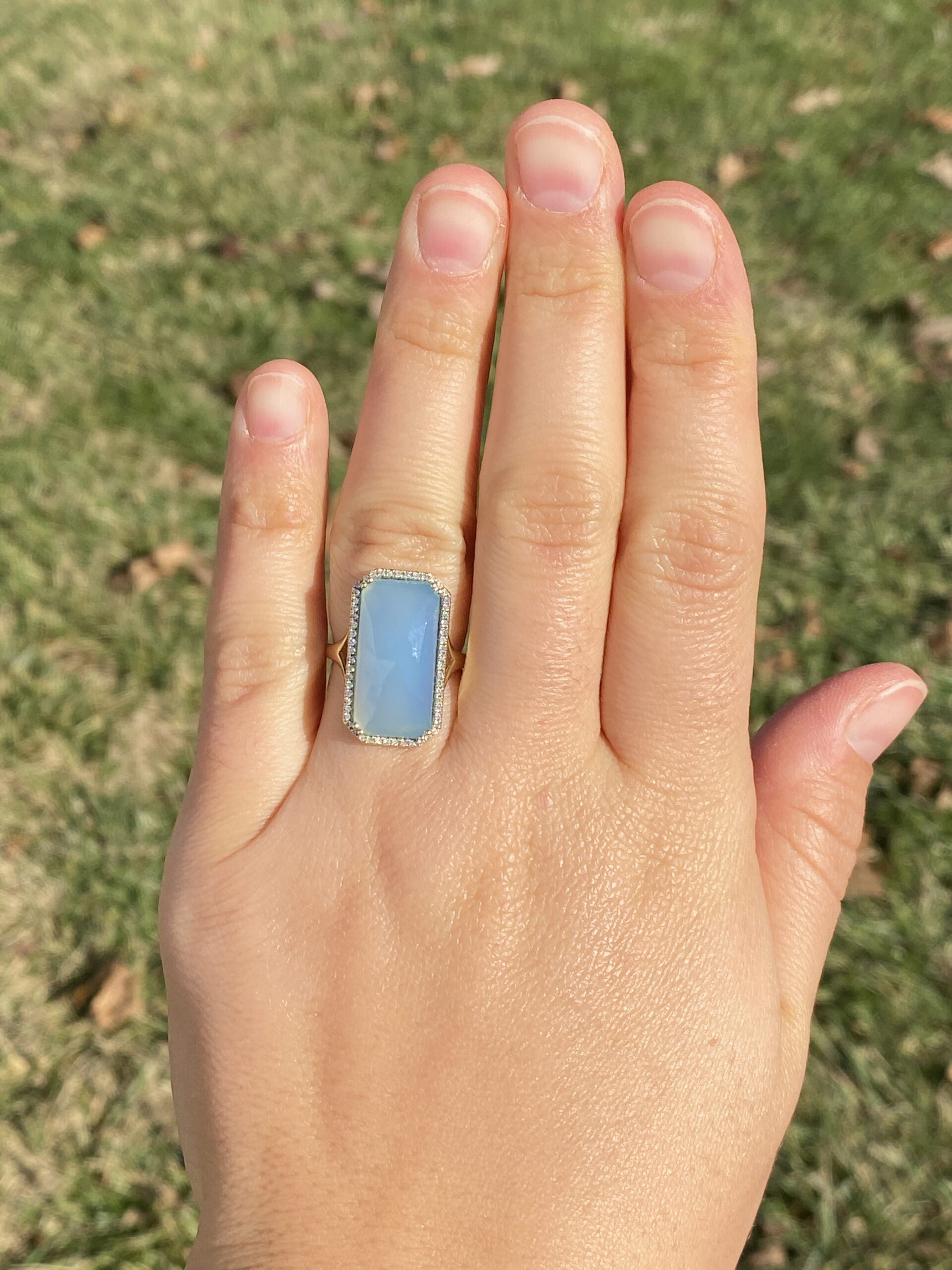 The 145th Avenue: Checkerboard Cut Chalcedony Ring in Yellow Gold with Natural Diamond Halo - Image 8