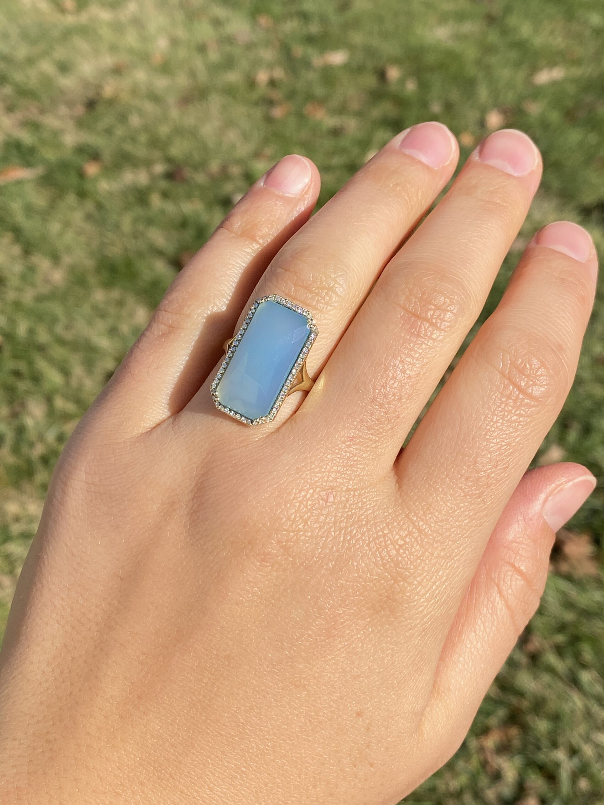 The 145th Avenue: Checkerboard Cut Chalcedony Ring in Yellow Gold with Natural Diamond Halo - Image 9