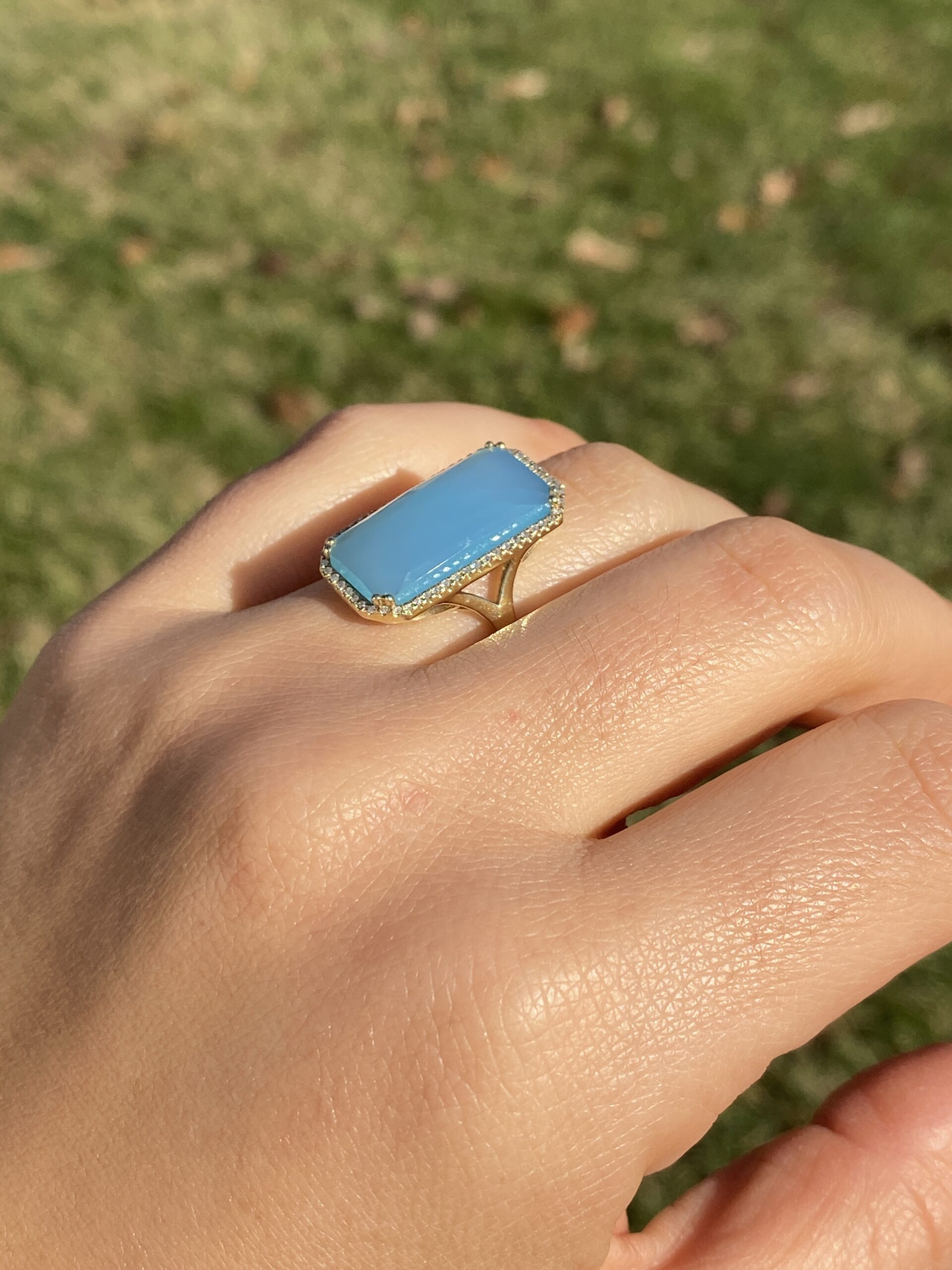 The 145th Avenue: Checkerboard Cut Chalcedony Ring in Yellow Gold with Natural Diamond Halo - Image 10
