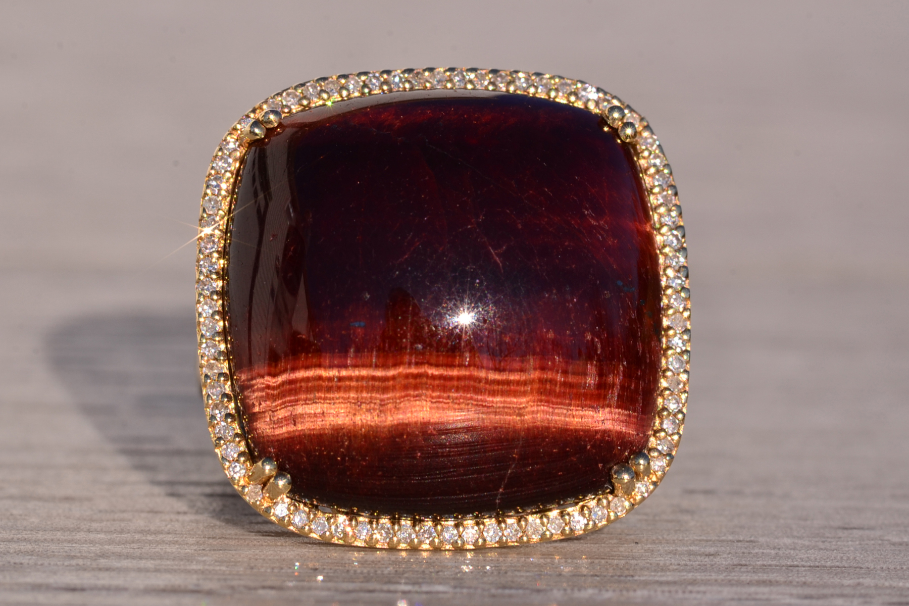 The 142nd Avenue: Chestnut Colored Tigers Eye Cocktail Ring with Diamond Halo - Image 2