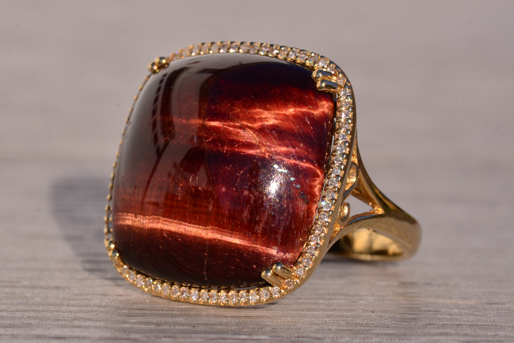 The 142nd Avenue: Chestnut Colored Tigers Eye Cocktail Ring with Diamond Halo - Image 3