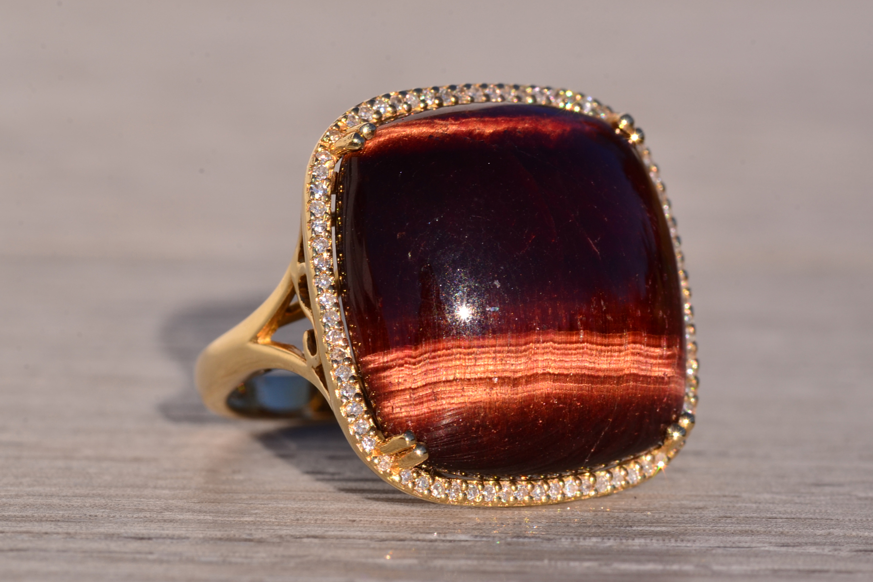 The 142nd Avenue: Chestnut Colored Tigers Eye Cocktail Ring with Diamond Halo - Image 6