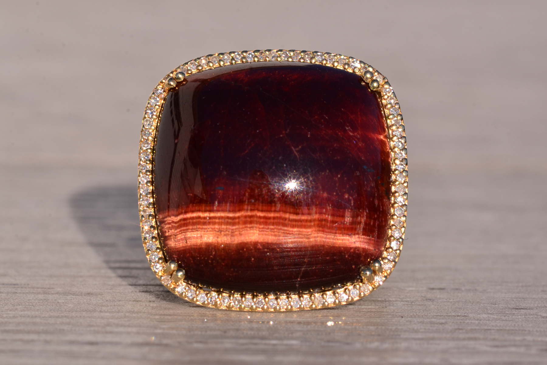 The 142nd Avenue: Chestnut Colored Tigers Eye Cocktail Ring with Diamond Halo - Image 7