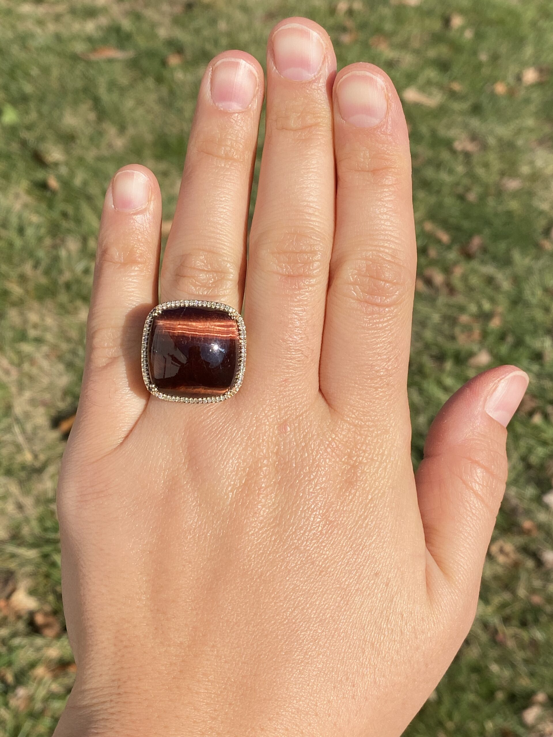 The 142nd Avenue: Chestnut Colored Tigers Eye Cocktail Ring with Diamond Halo - Image 8