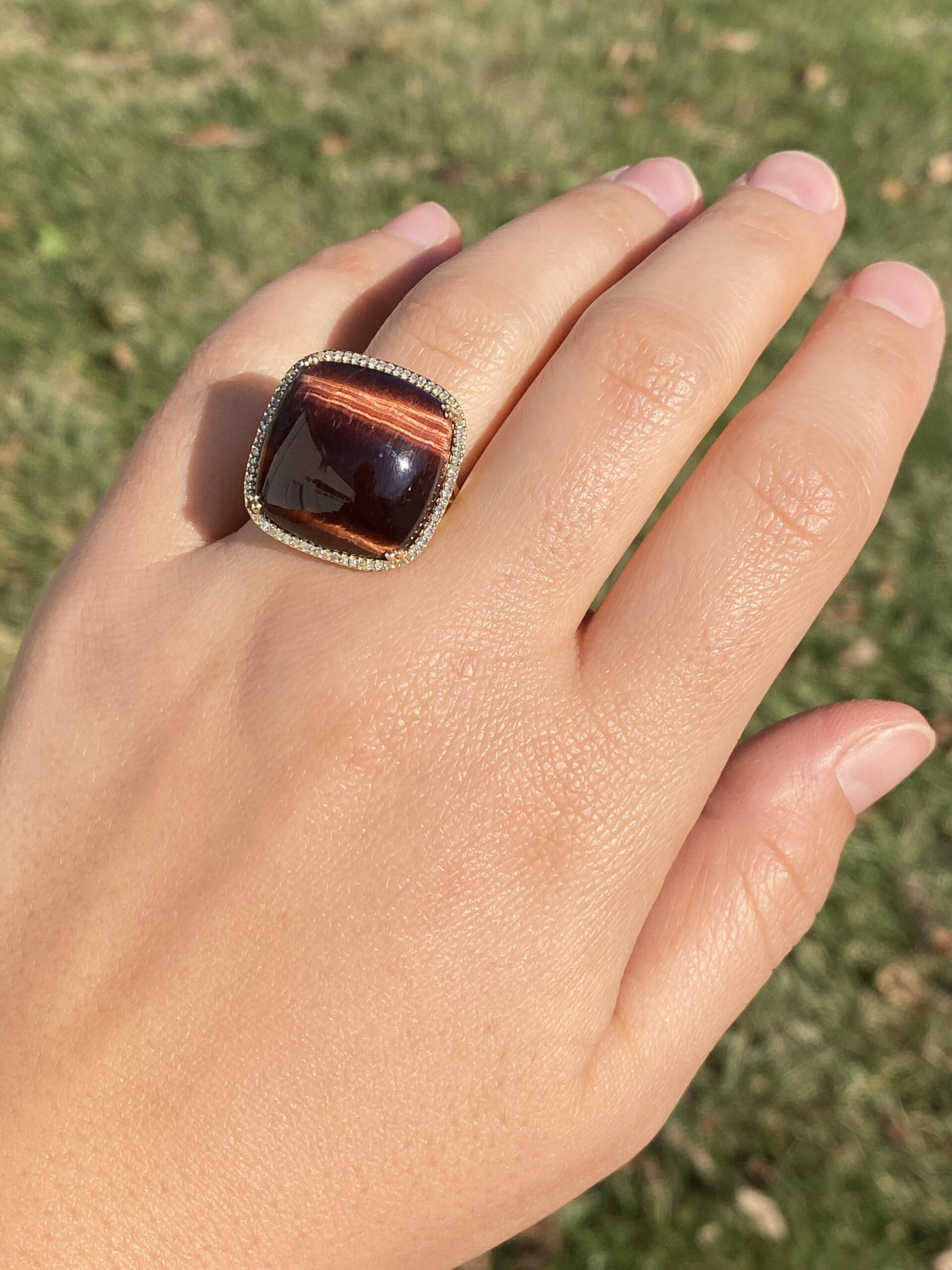The 142nd Avenue: Chestnut Colored Tigers Eye Cocktail Ring with Diamond Halo - Image 9