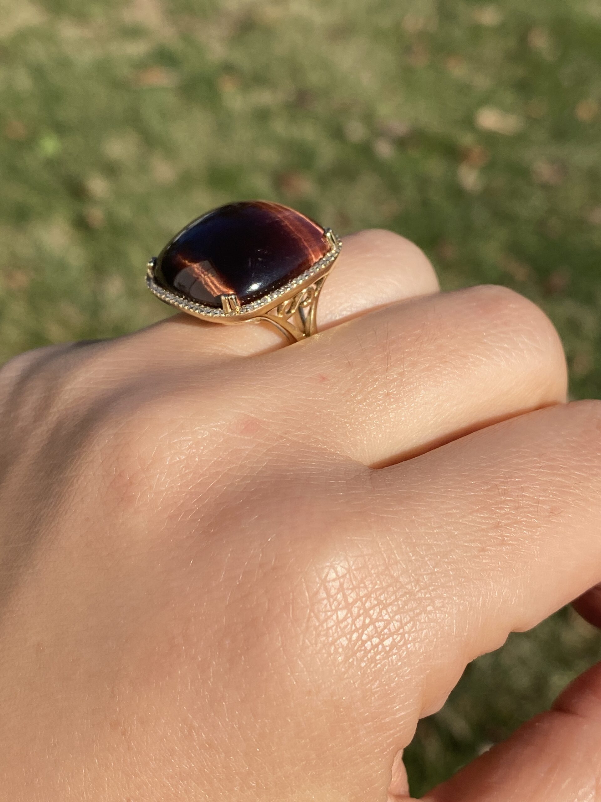 The 142nd Avenue: Chestnut Colored Tigers Eye Cocktail Ring with Diamond Halo - Image 10