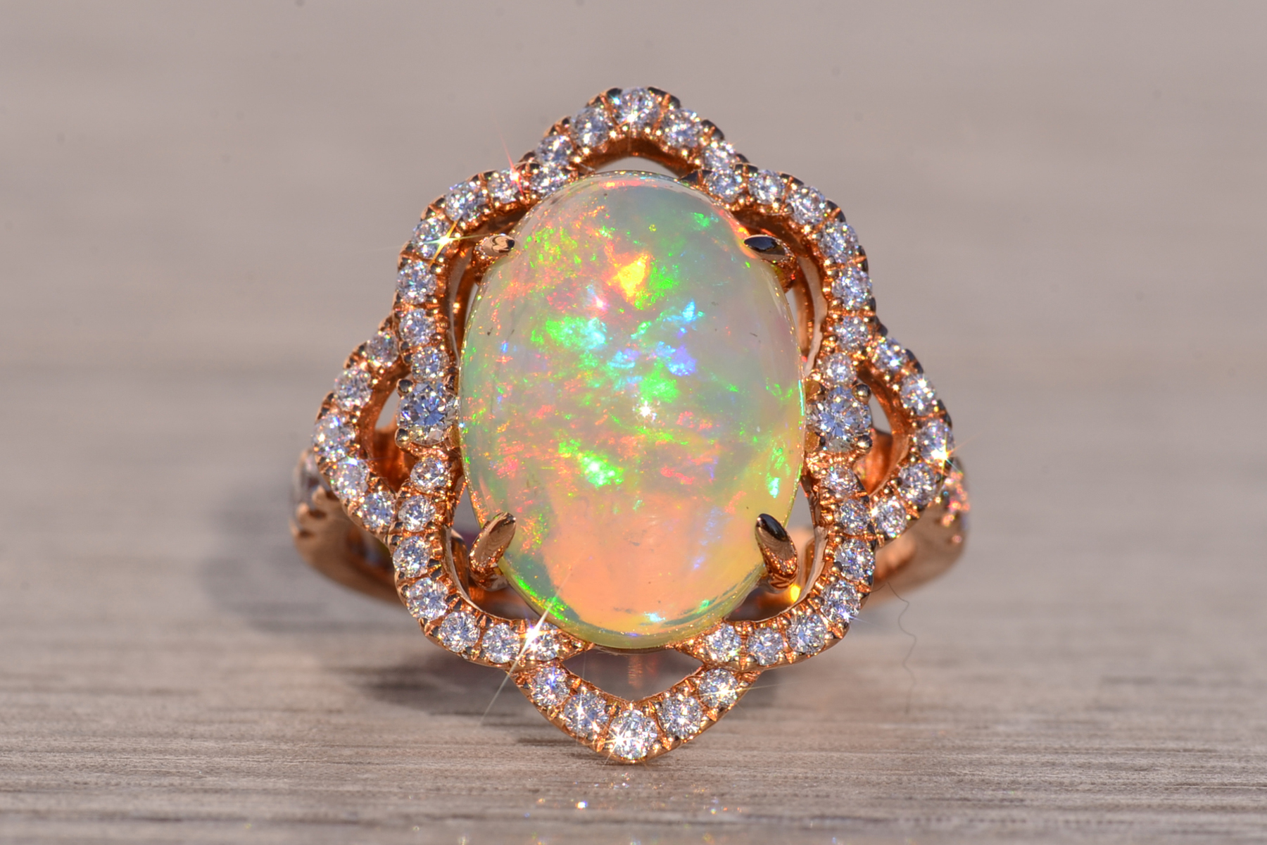 SOLD - The 144th Avenue: Cabochon Natural Opal and Diamond Ring in Rose Gold - Image 2