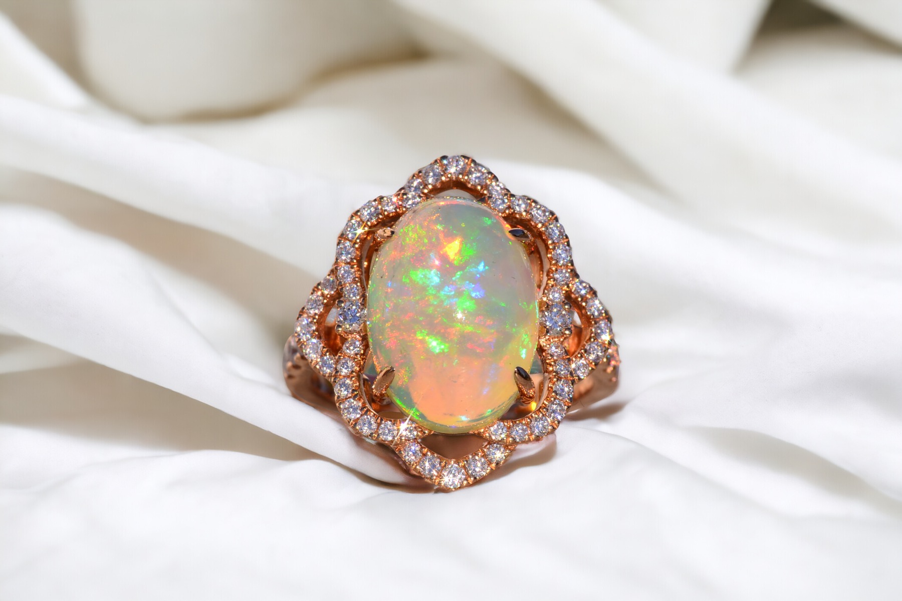 SOLD - The 144th Avenue: Cabochon Natural Opal and Diamond Ring in Rose Gold - Image 11