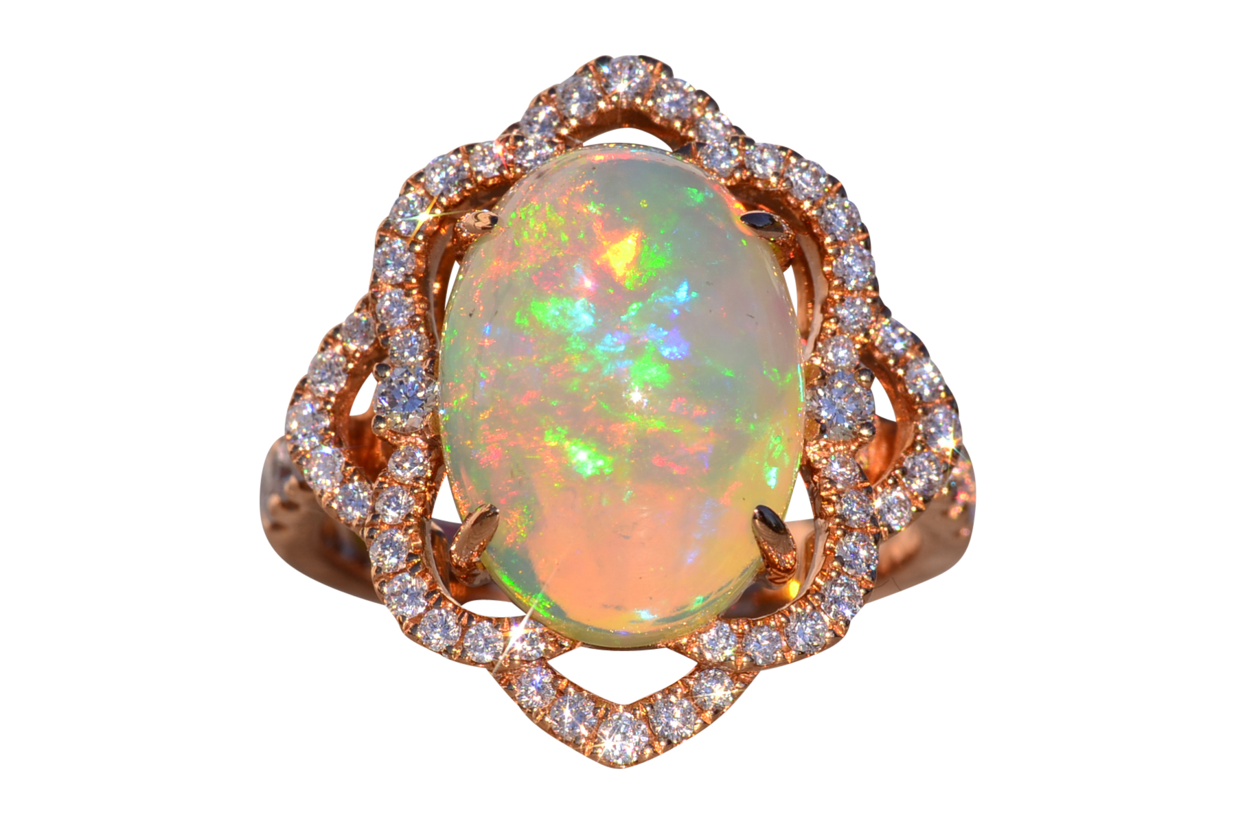SOLD - The 144th Avenue: Cabochon Natural Opal and Diamond Ring in Rose Gold