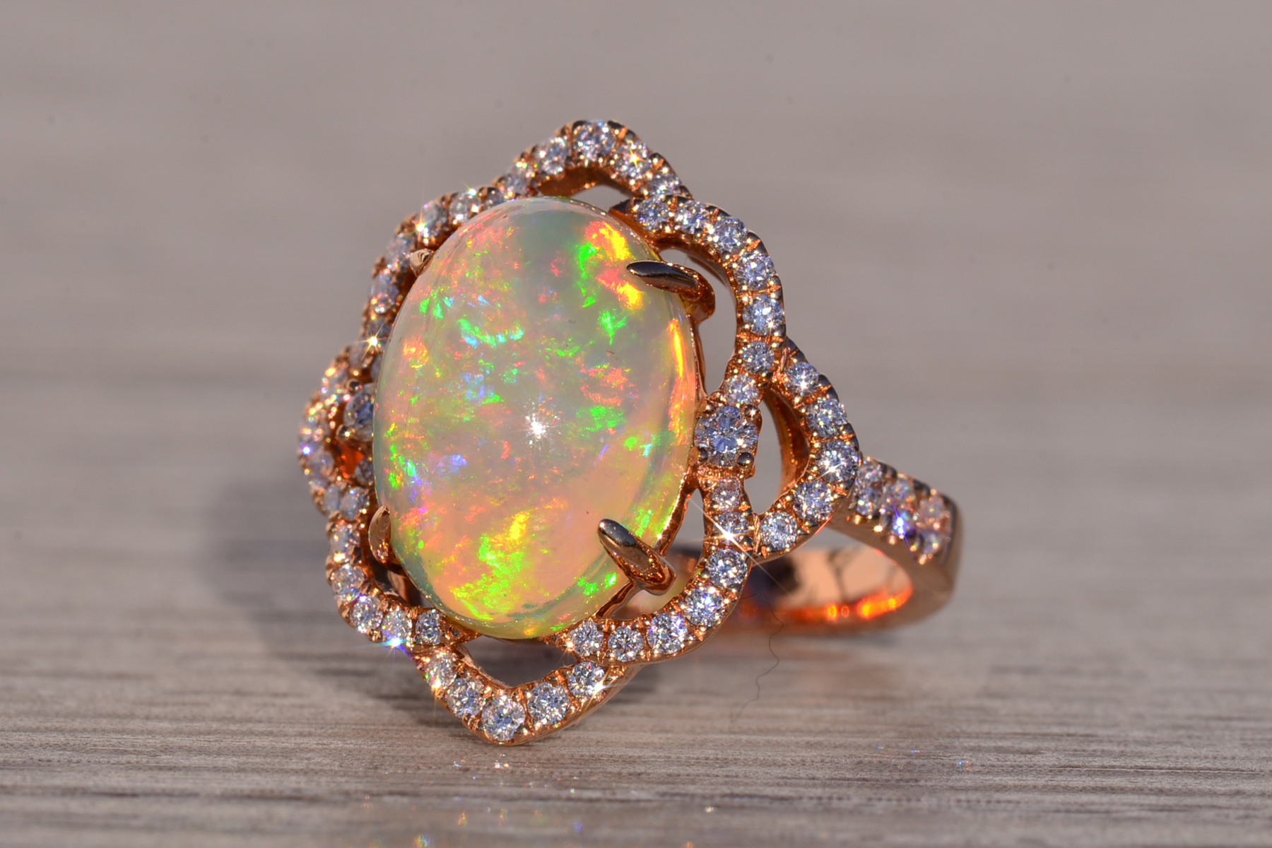 SOLD - The 144th Avenue: Cabochon Natural Opal and Diamond Ring in Rose Gold - Image 3