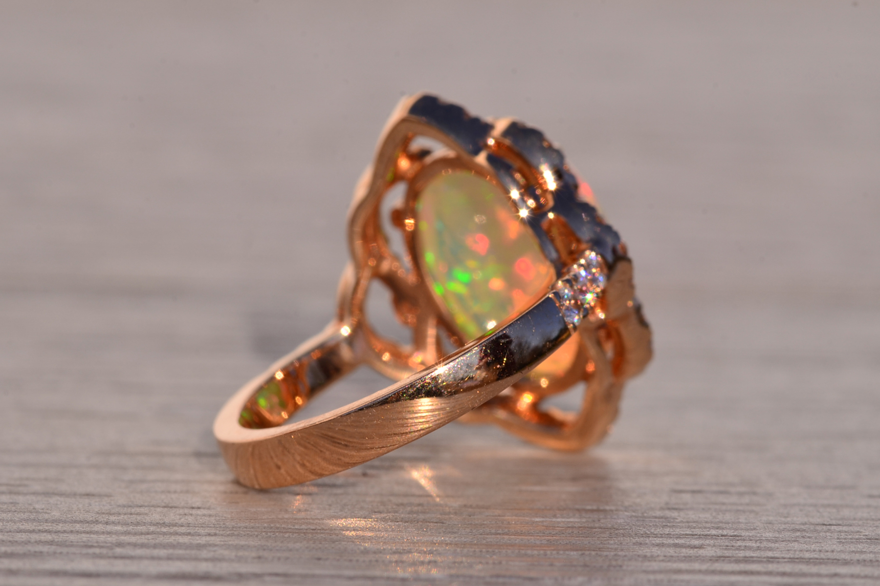 SOLD - The 144th Avenue: Cabochon Natural Opal and Diamond Ring in Rose Gold - Image 5