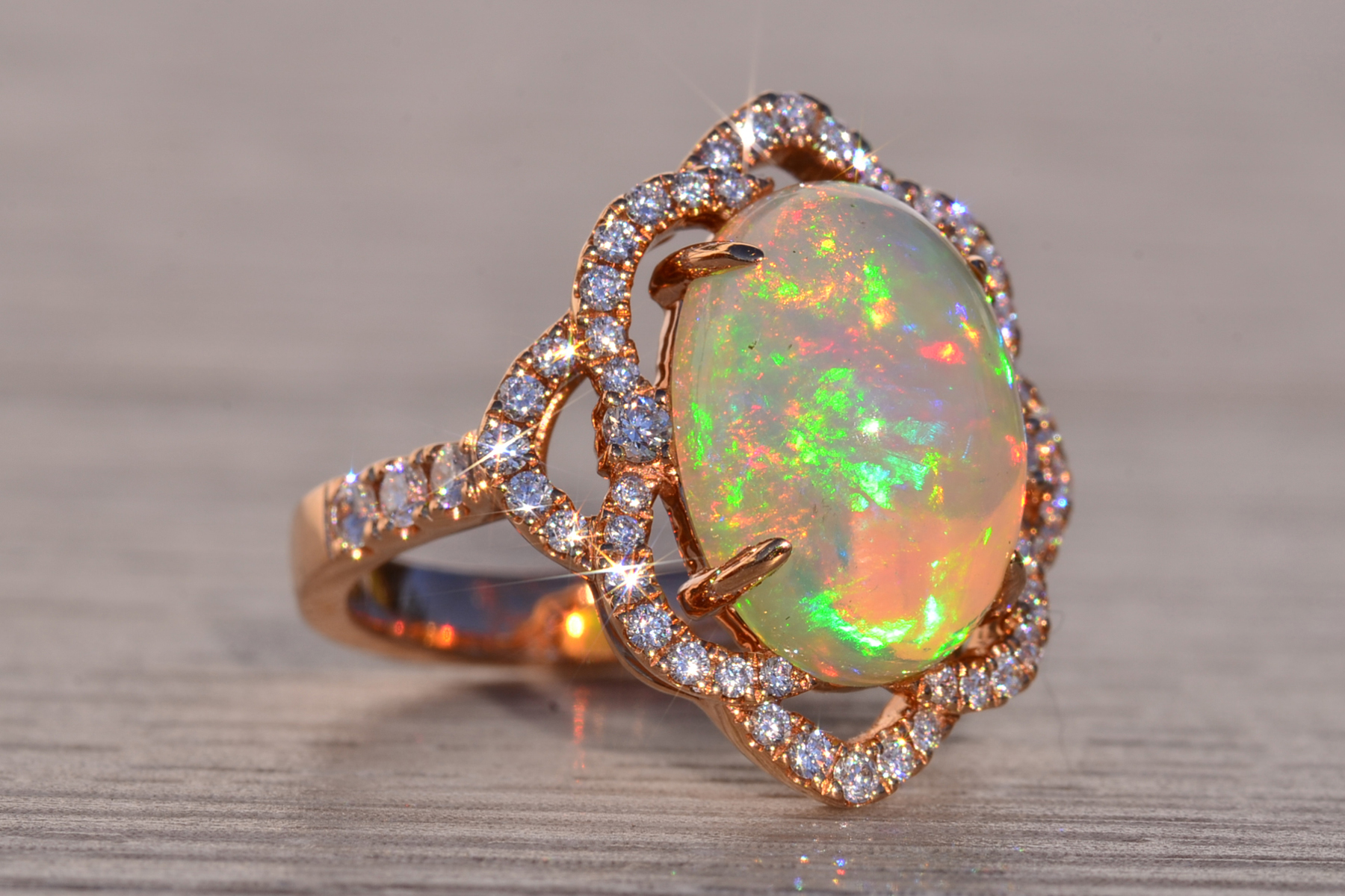 SOLD - The 144th Avenue: Cabochon Natural Opal and Diamond Ring in Rose Gold - Image 6