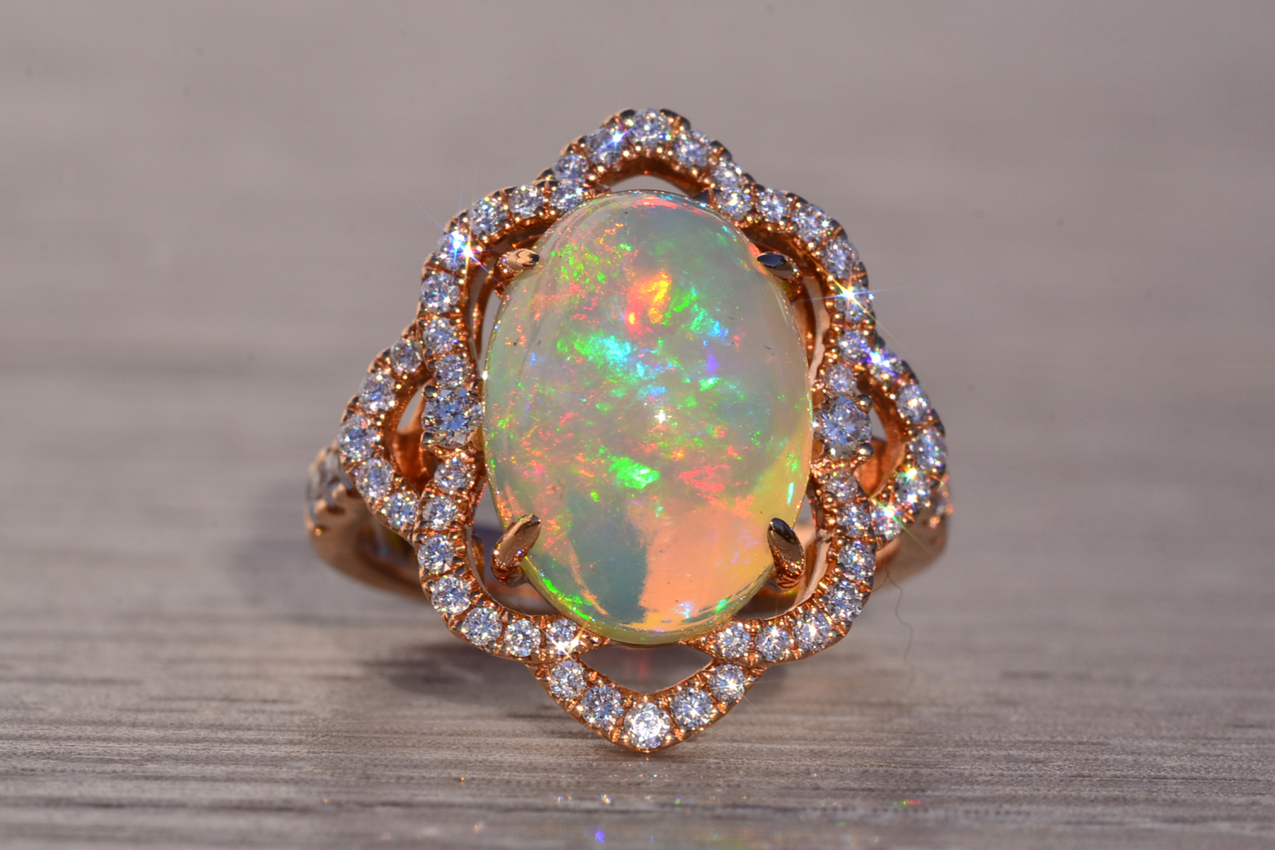 SOLD - The 144th Avenue: Cabochon Natural Opal and Diamond Ring in Rose Gold - Image 7