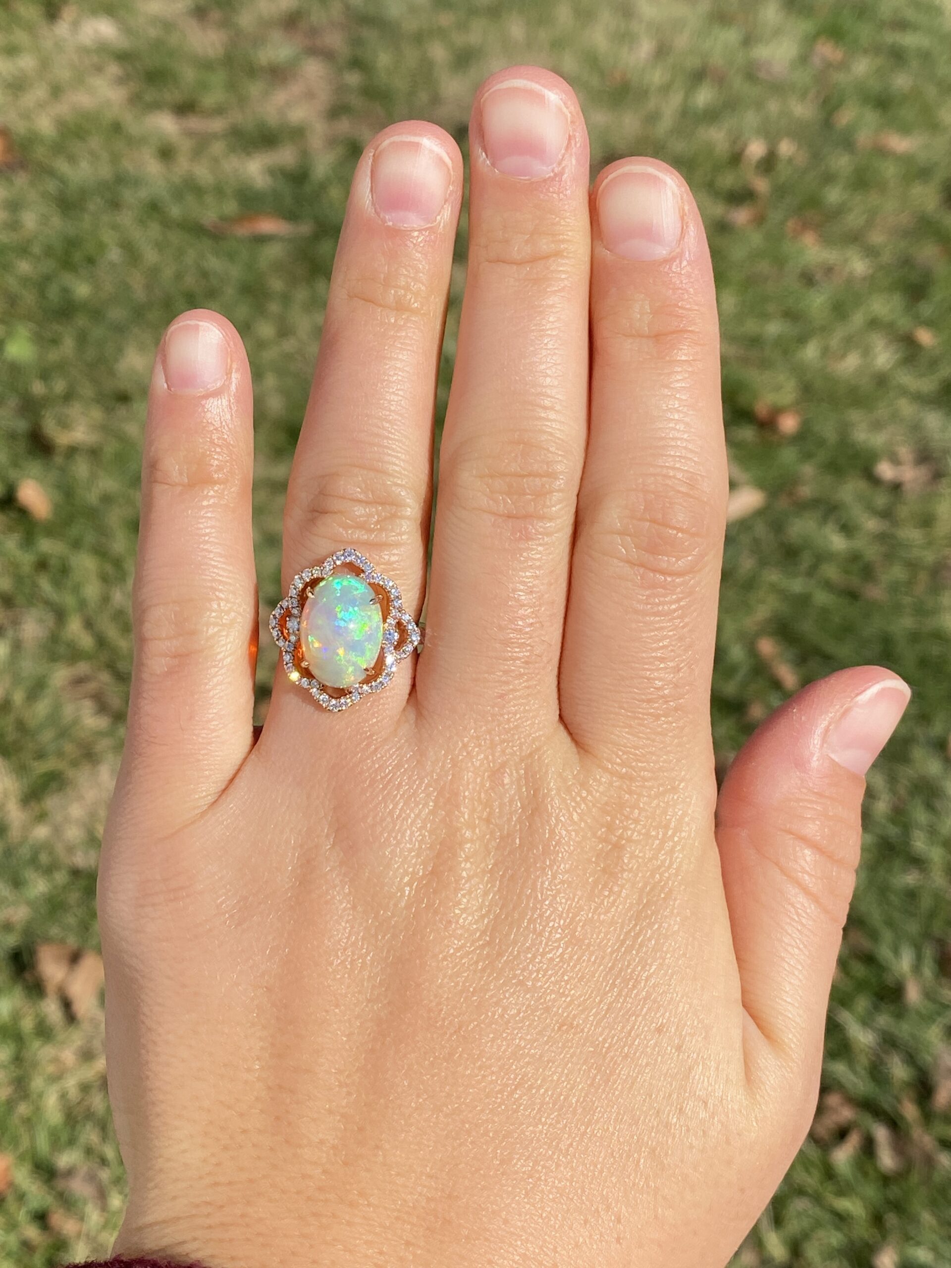 SOLD - The 144th Avenue: Cabochon Natural Opal and Diamond Ring in Rose Gold - Image 8