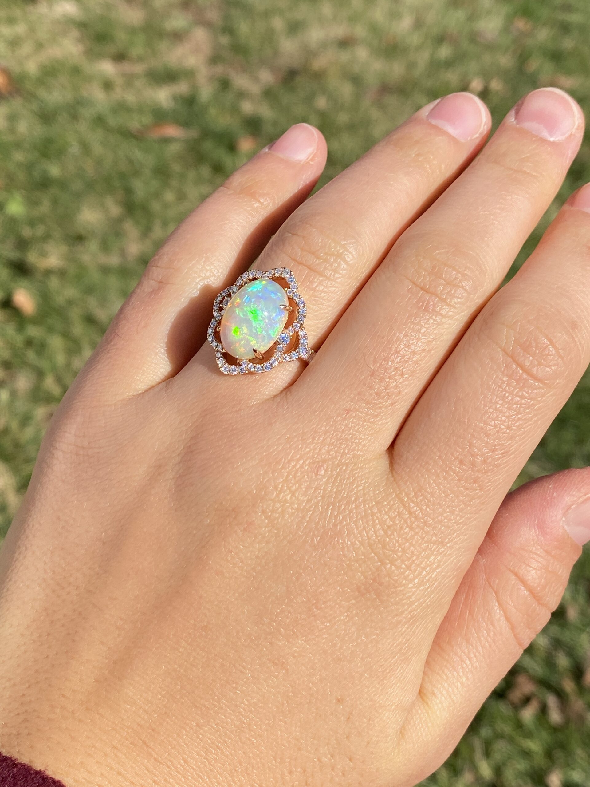 SOLD - The 144th Avenue: Cabochon Natural Opal and Diamond Ring in Rose Gold - Image 9