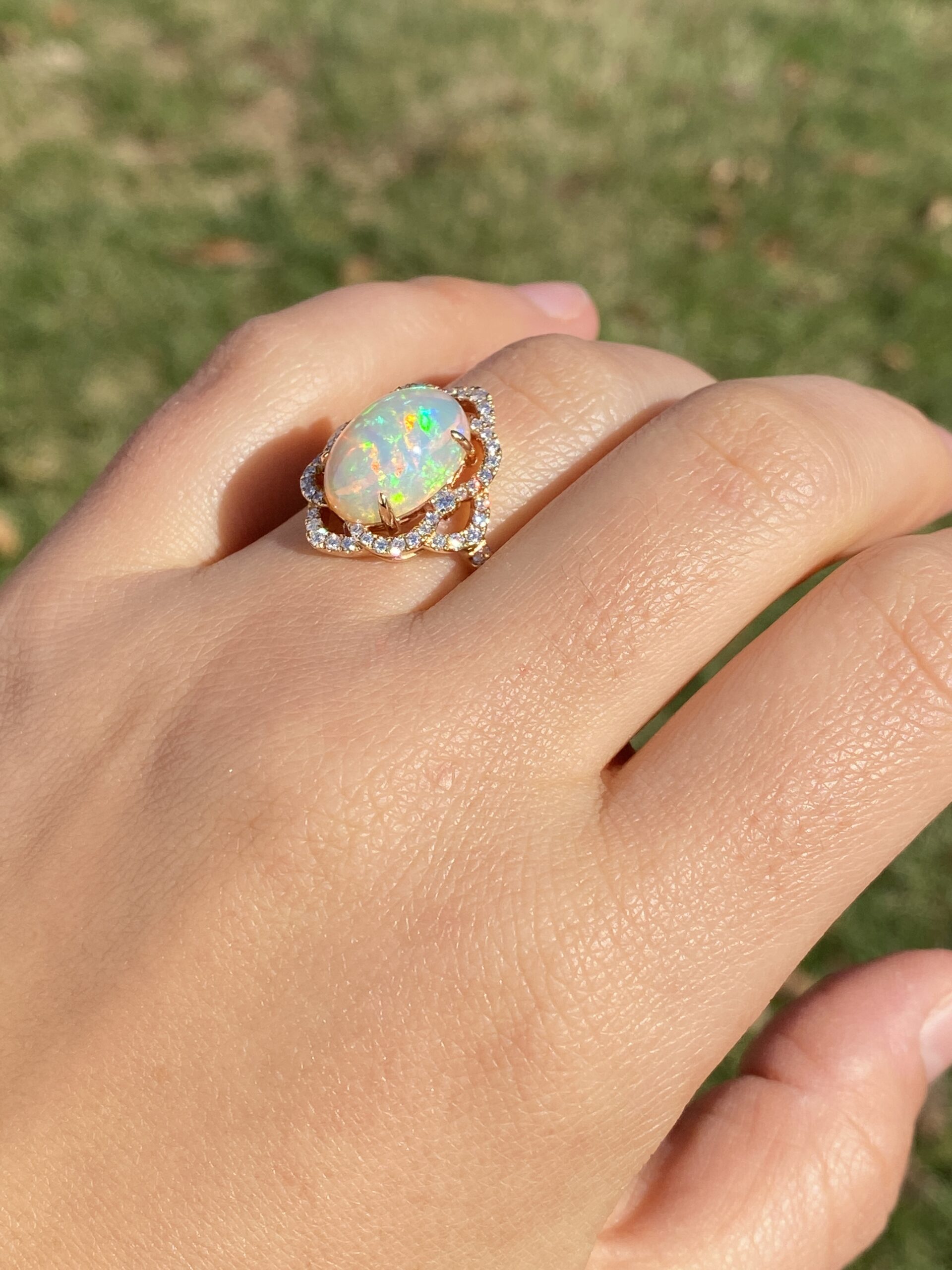 SOLD - The 144th Avenue: Cabochon Natural Opal and Diamond Ring in Rose Gold - Image 10