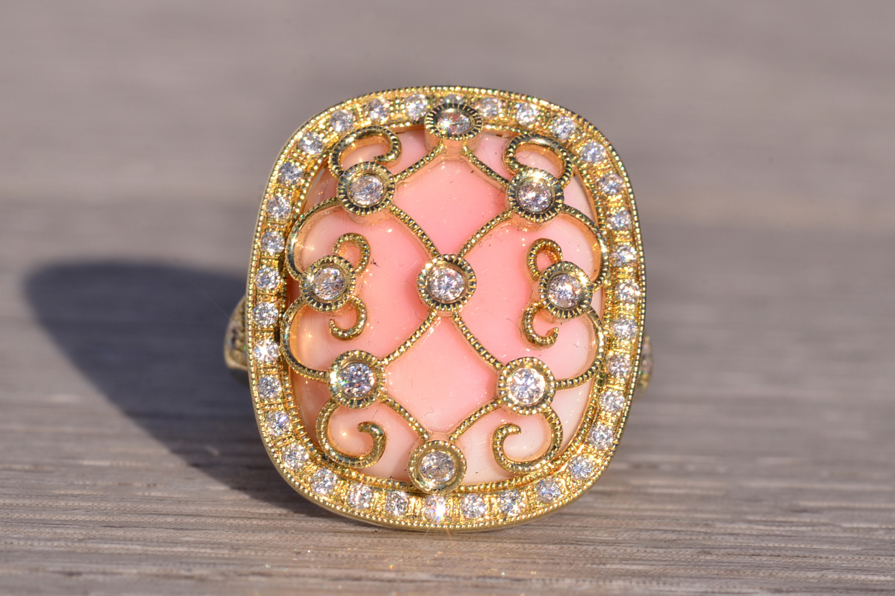 The 154th Avenue: Pink Coral and Natural Diamond Cocktail Ring in Yellow Gold - Image 2