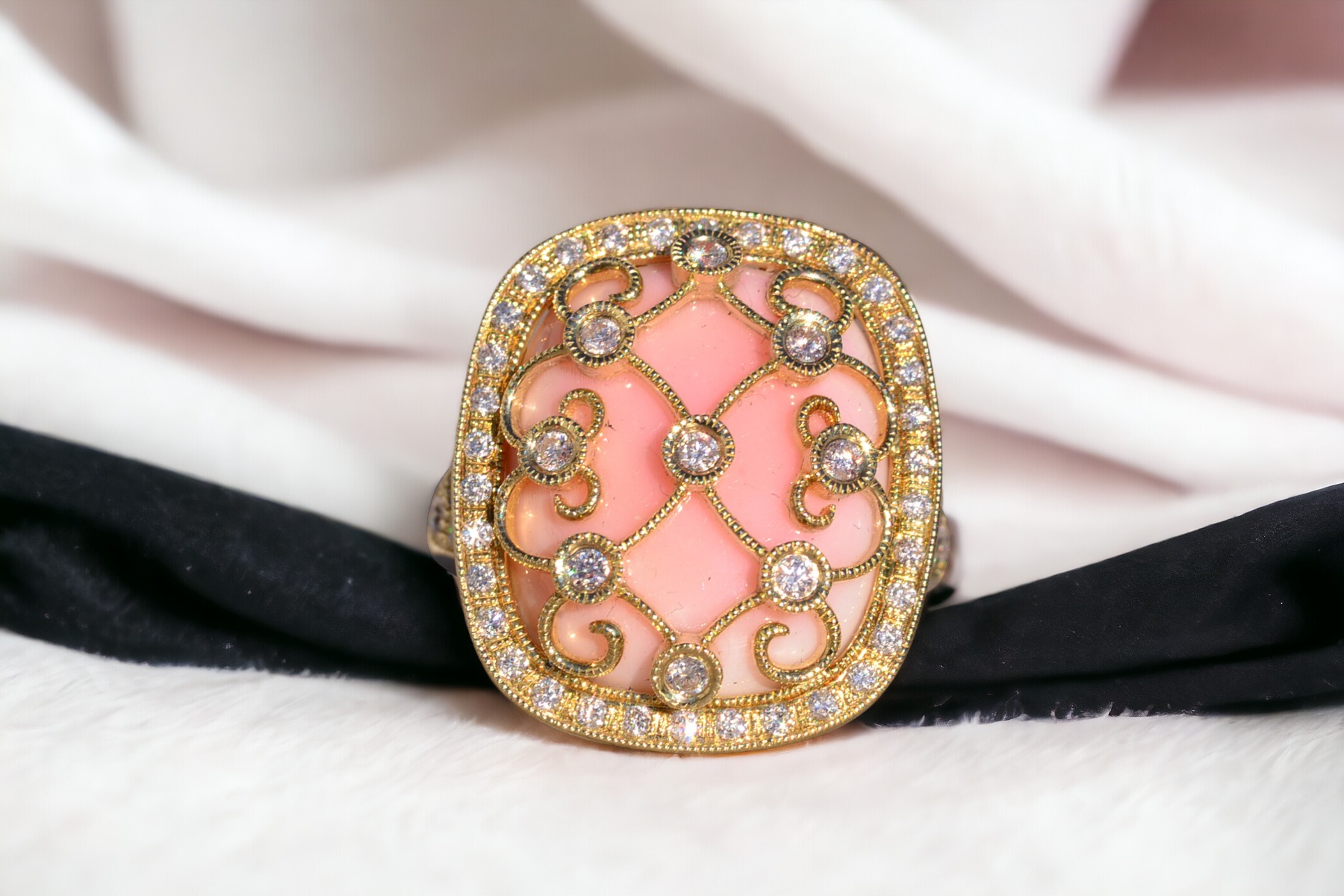 The 154th Avenue: Pink Coral and Natural Diamond Cocktail Ring in Yellow Gold - Image 11
