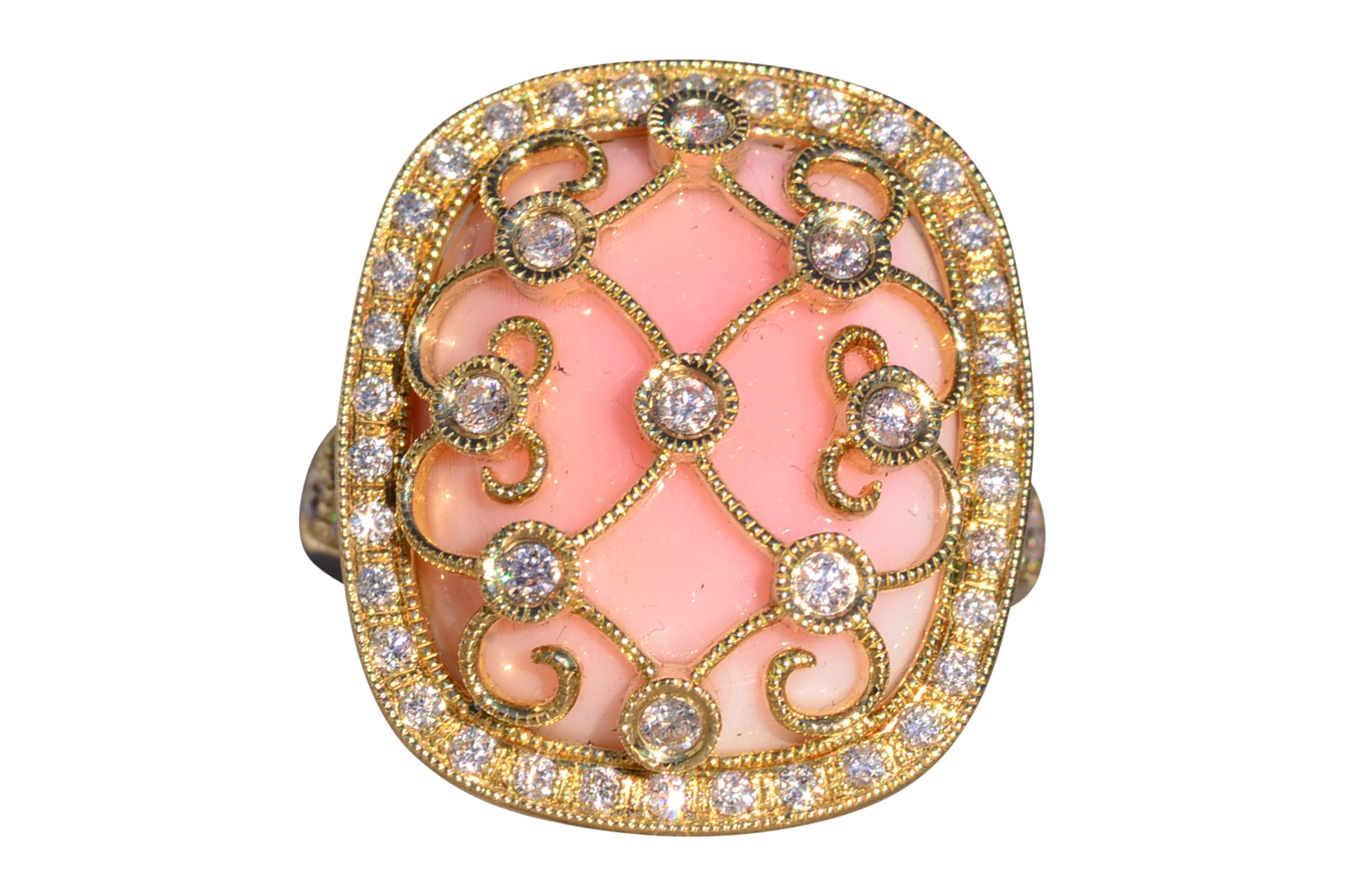 The 154th Avenue: Pink Coral and Natural Diamond Cocktail Ring in Yellow Gold