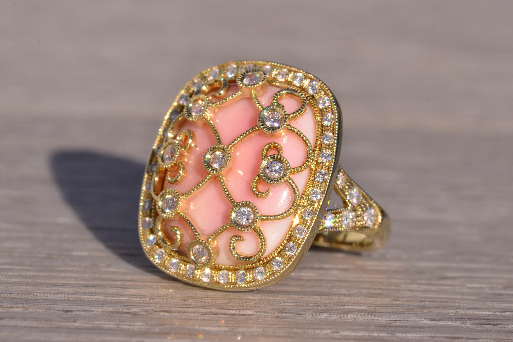 The 154th Avenue: Pink Coral and Natural Diamond Cocktail Ring in Yellow Gold - Image 3