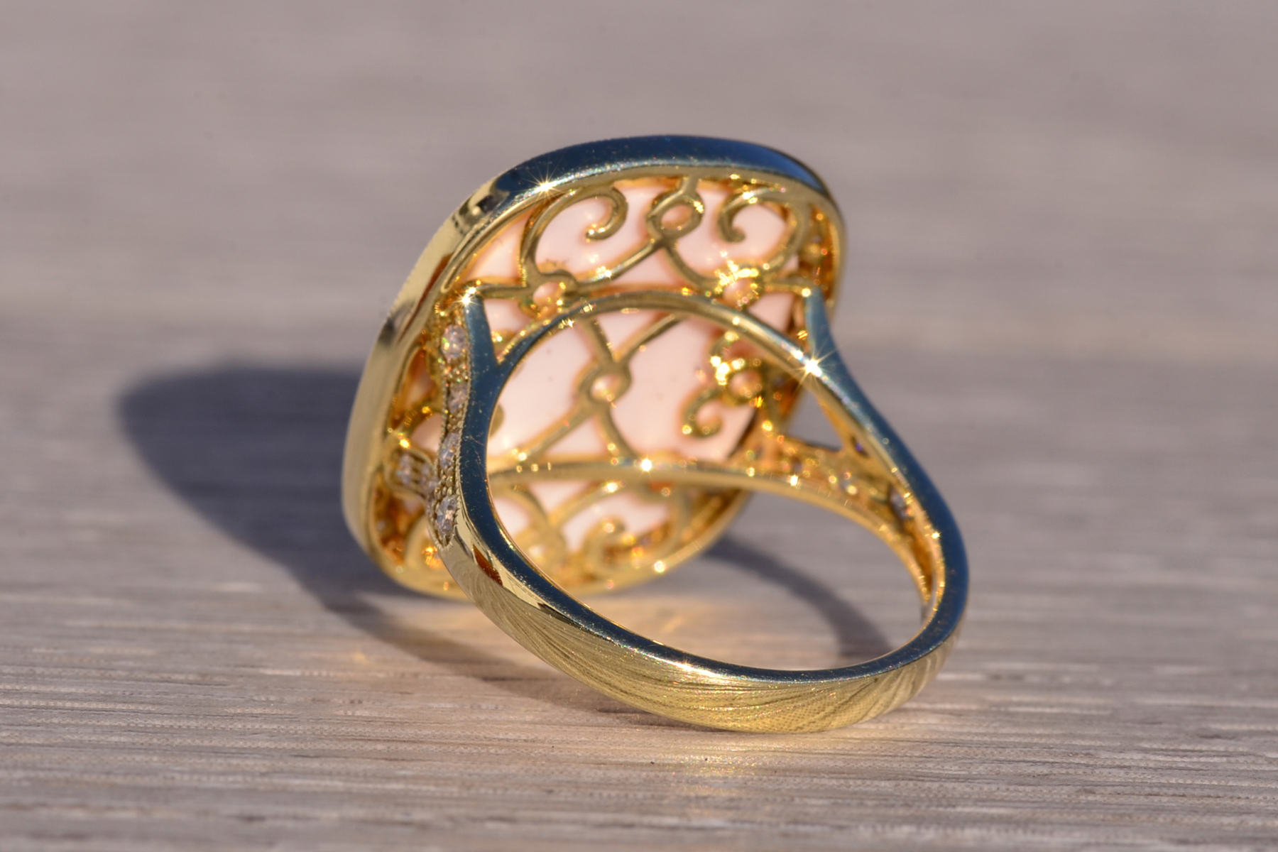 The 154th Avenue: Pink Coral and Natural Diamond Cocktail Ring in Yellow Gold - Image 4