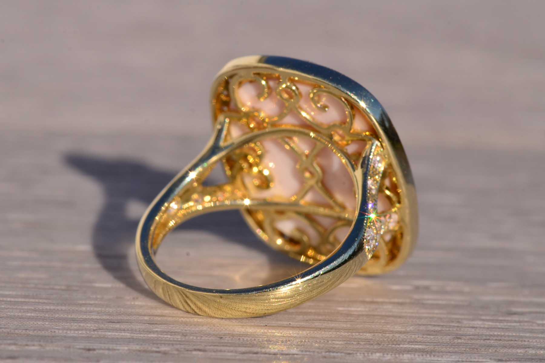 The 154th Avenue: Pink Coral and Natural Diamond Cocktail Ring in Yellow Gold - Image 5