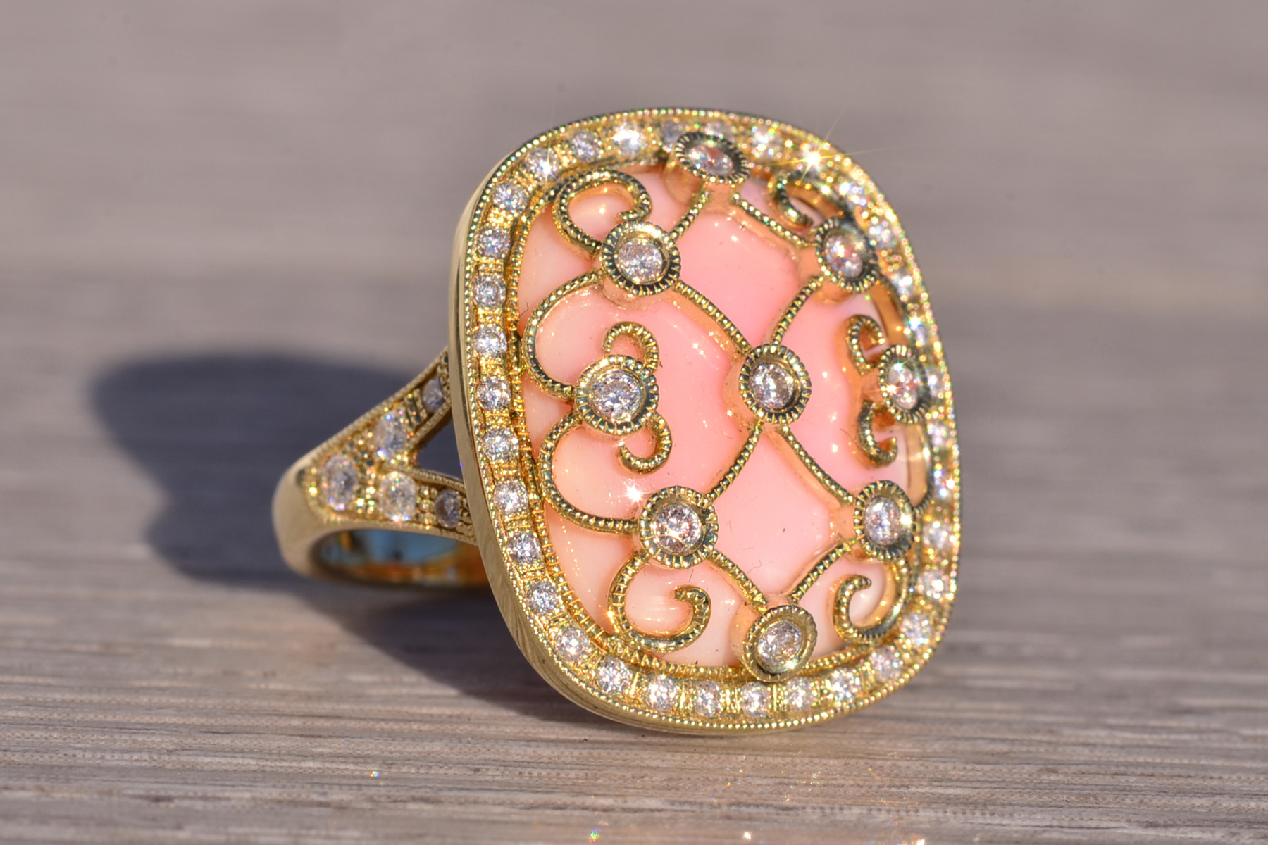 The 154th Avenue: Pink Coral and Natural Diamond Cocktail Ring in Yellow Gold - Image 6
