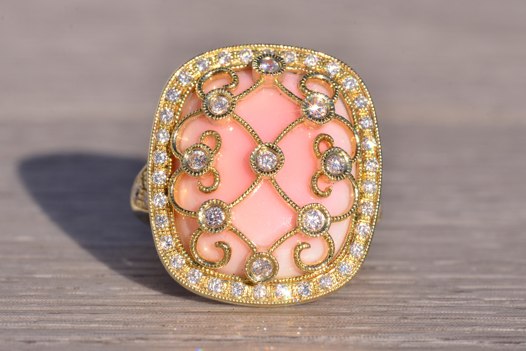 The 154th Avenue: Pink Coral and Natural Diamond Cocktail Ring in Yellow Gold - Image 7