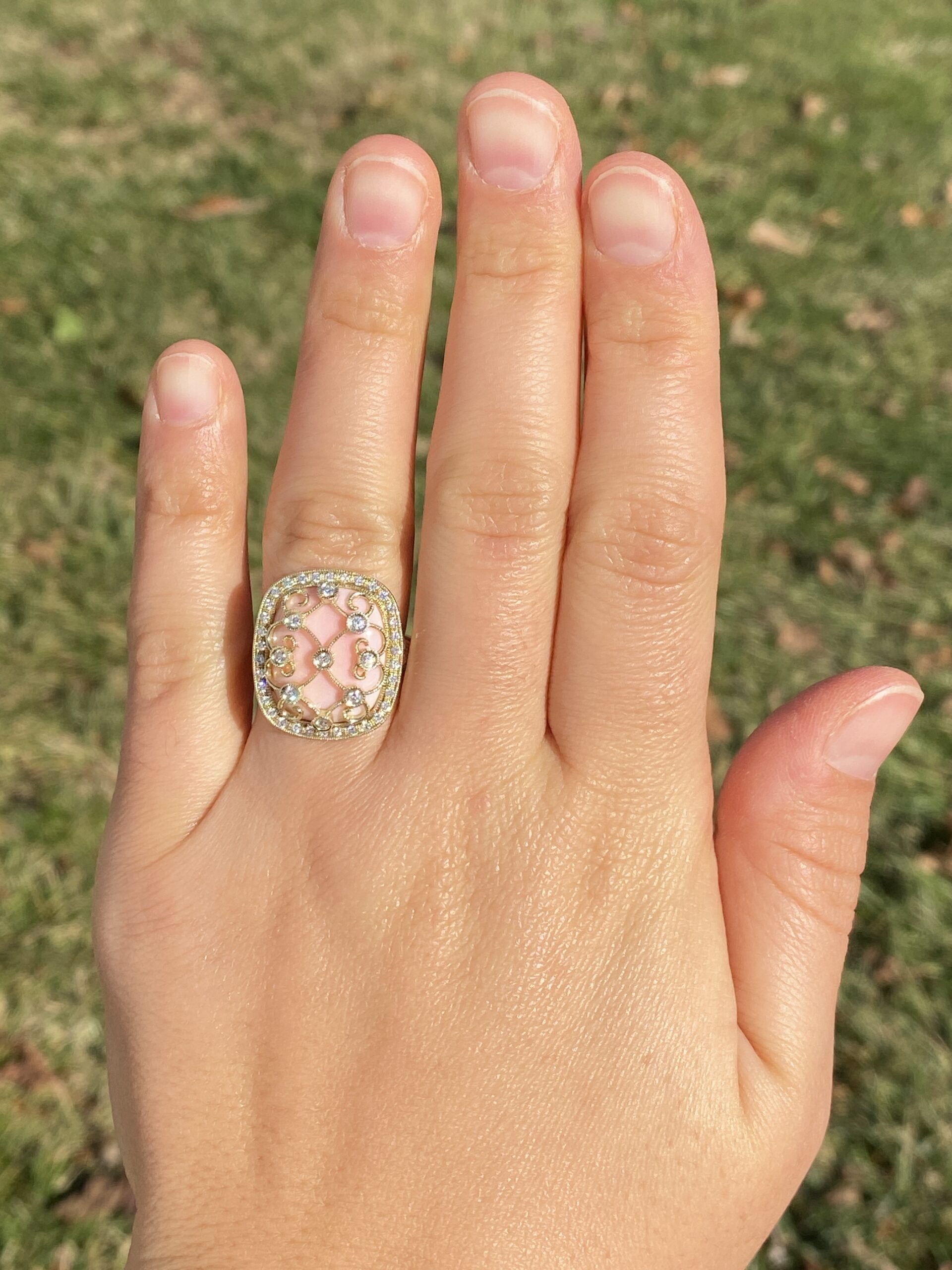 The 154th Avenue: Pink Coral and Natural Diamond Cocktail Ring in Yellow Gold - Image 8